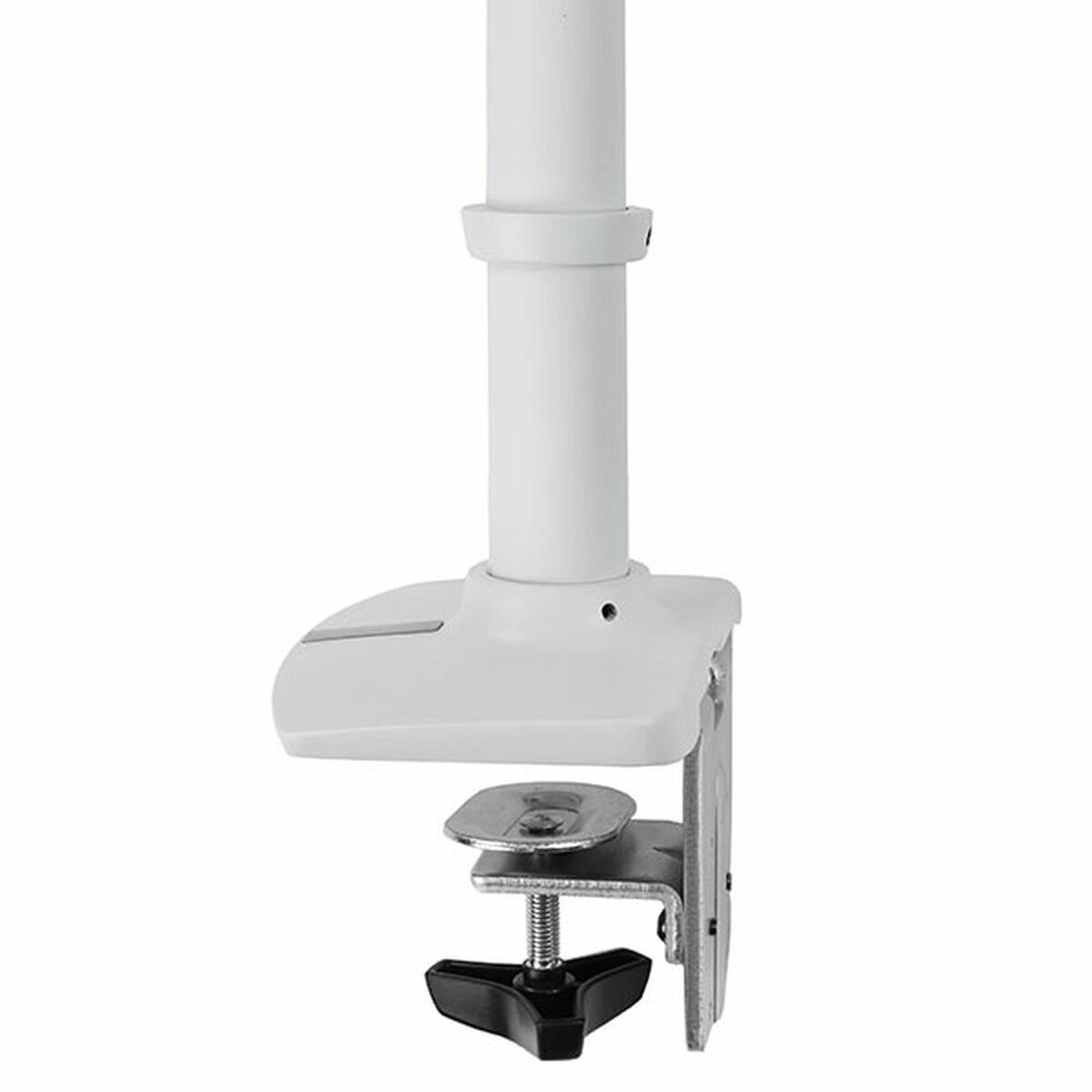 White monitor mount with clamp base and black star knob.