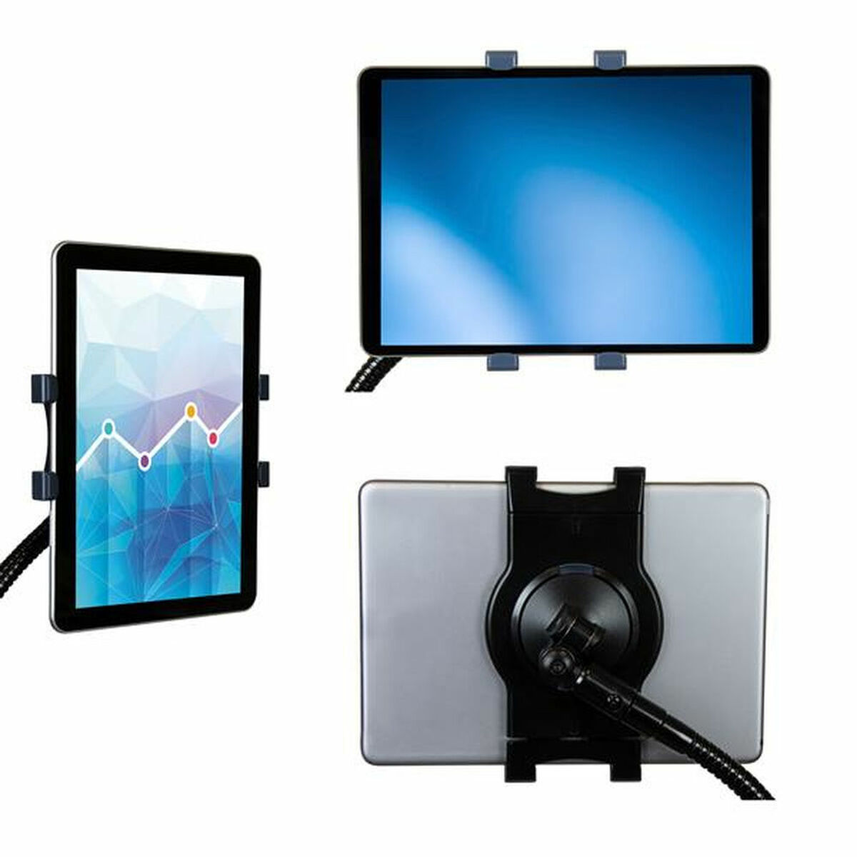 Tablets auf Ständern montiert. Eines zeigt ein Diagramm, das andere einen leeren blauen Bildschirm.