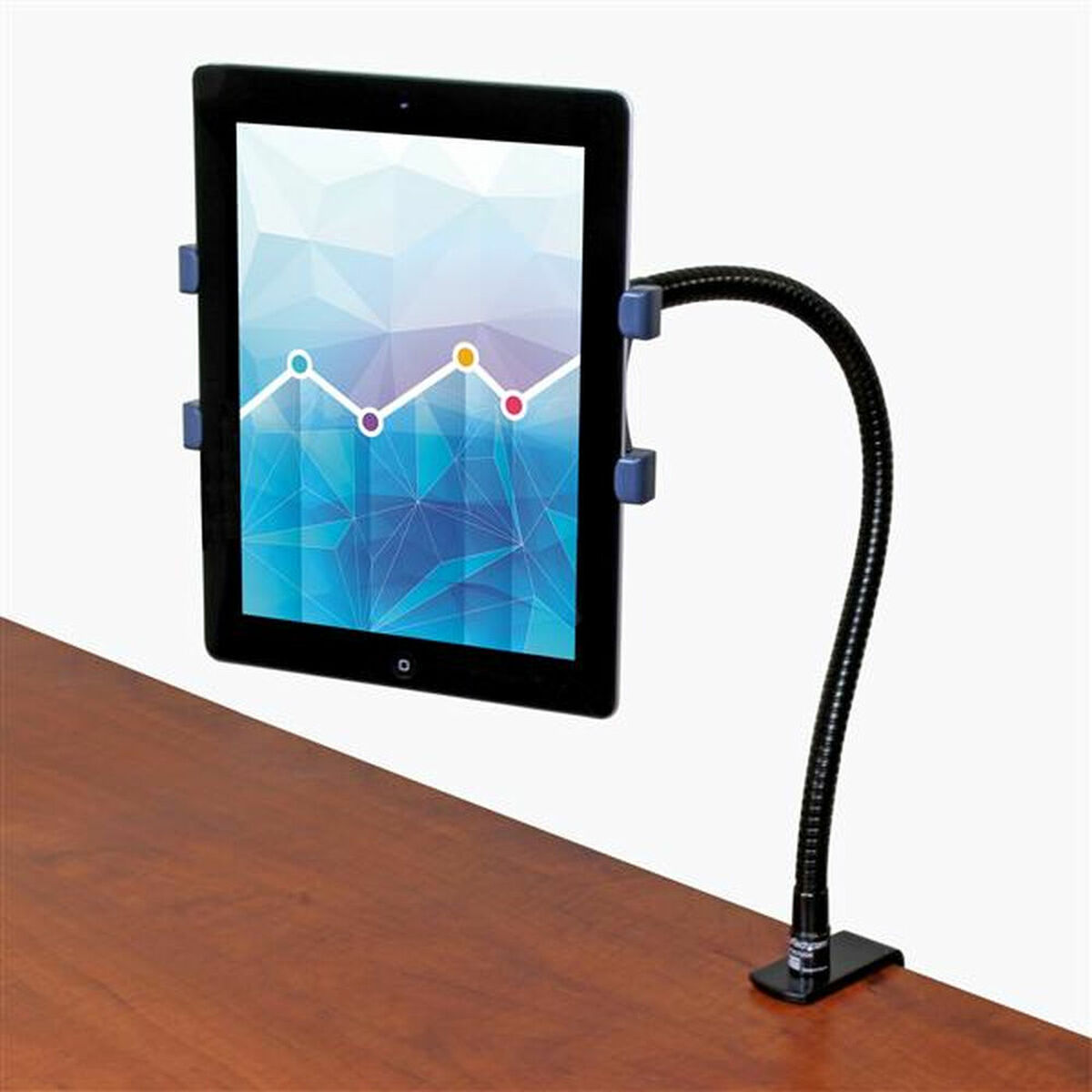 Ein Tablet ist an einem flexiblen Arm befestigt. Das Tablet zeigt ein Diagramm an. Der Arm ist an einem Schreibtisch befestigt.