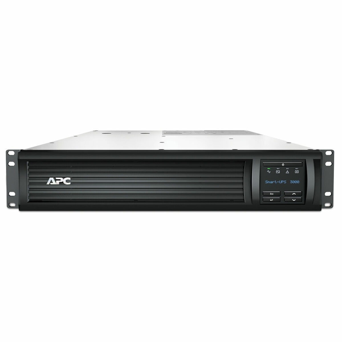 Un dispositivo APC Smart-UPS 3000 nero. Ha un display, pulsanti di controllo e il logo APC. Il dispositivo è su sfondo bianco.