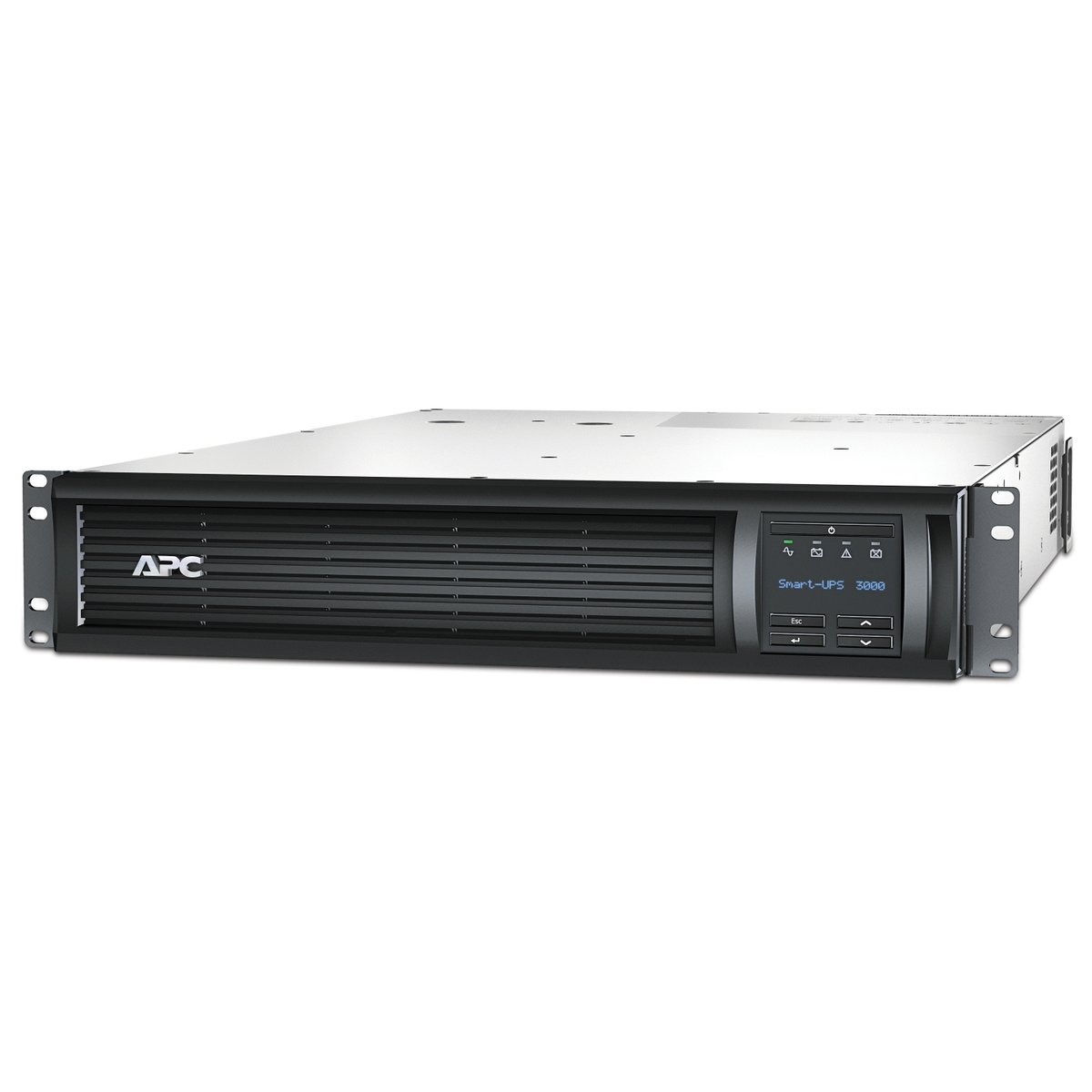 Un APC Smart-UPS 3000 nero. Ha un display con pulsanti e un pannello frontale con il logo APC. Su sfondo bianco.