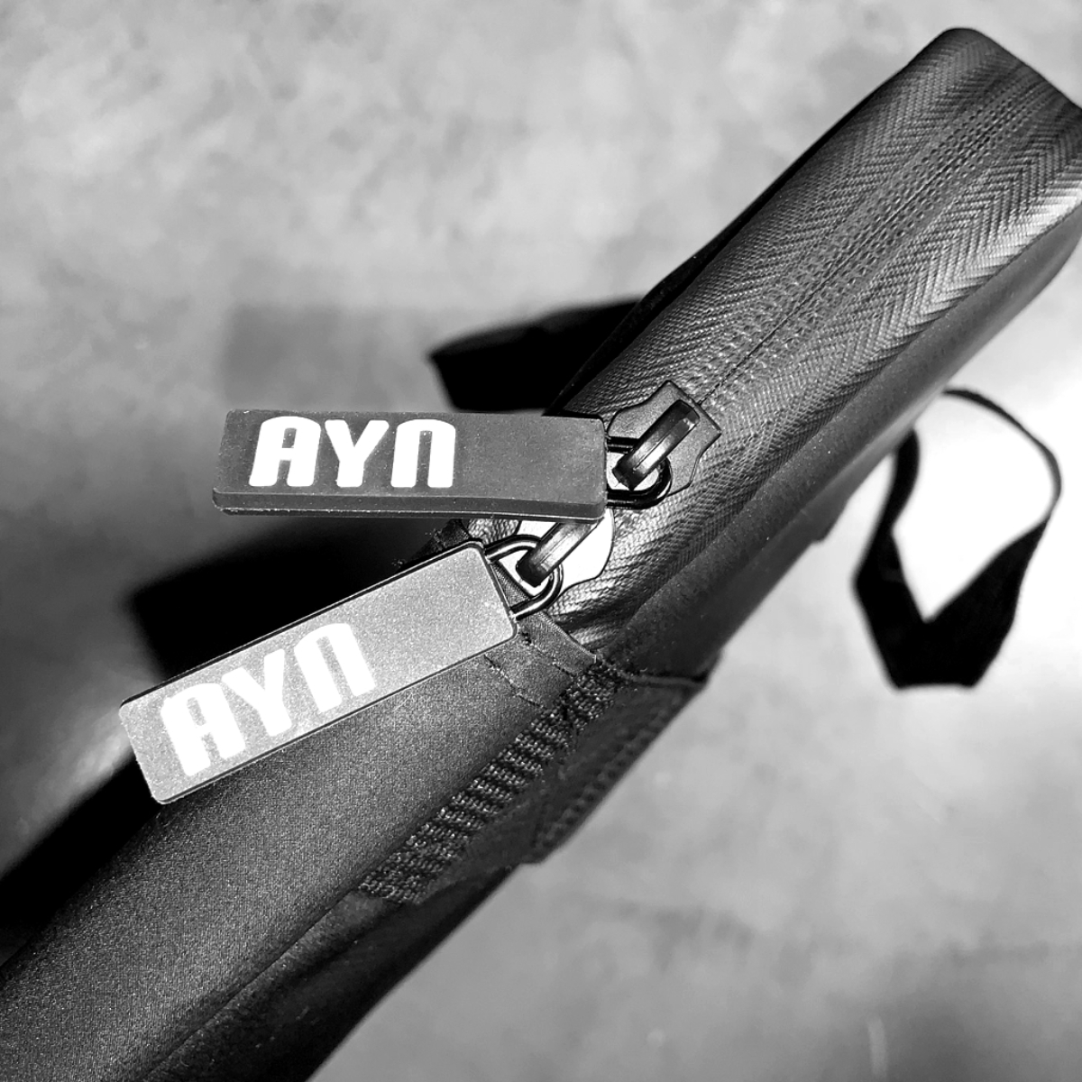 Una funda negra con dos etiquetas que dicen AYN en letras blancas, sobre una superficie oscura.