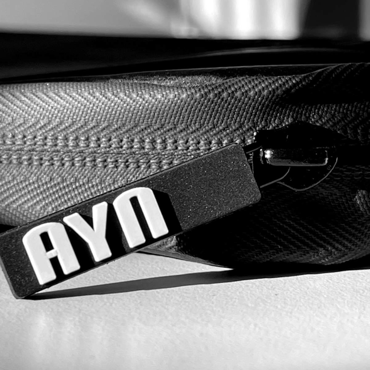 Primo piano di una borsa nera con le lettere bianche 'AYN' su un'etichetta nera. La cerniera è visibile.