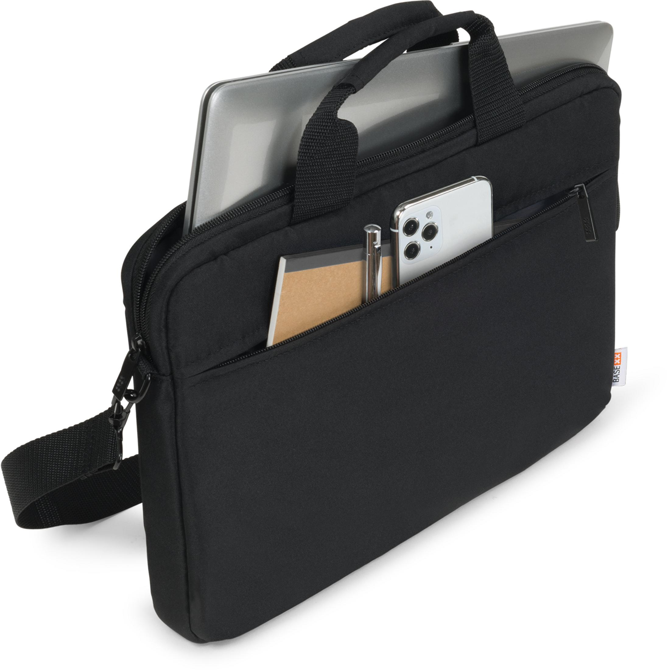 Zwarte laptoptas met laptop, telefoon, notitieboek en pen erin.