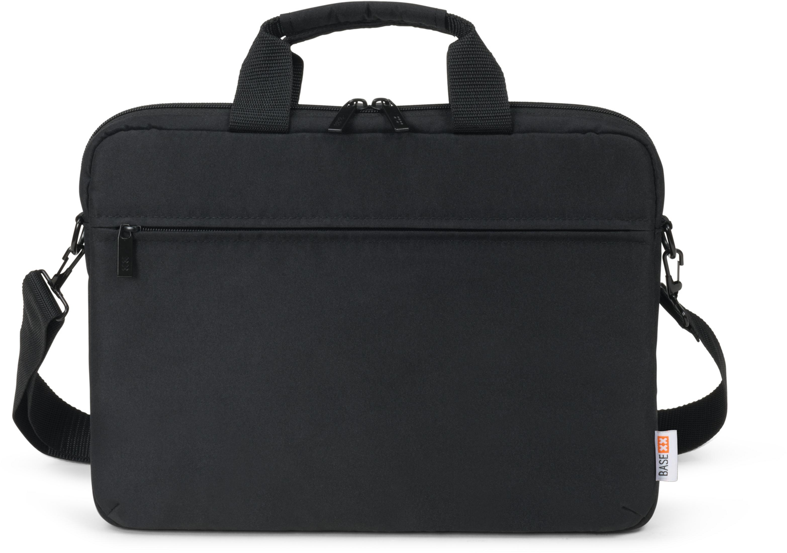 Een zwarte laptoptas met een handvat en een schouderriem. Op een witte achtergrond.