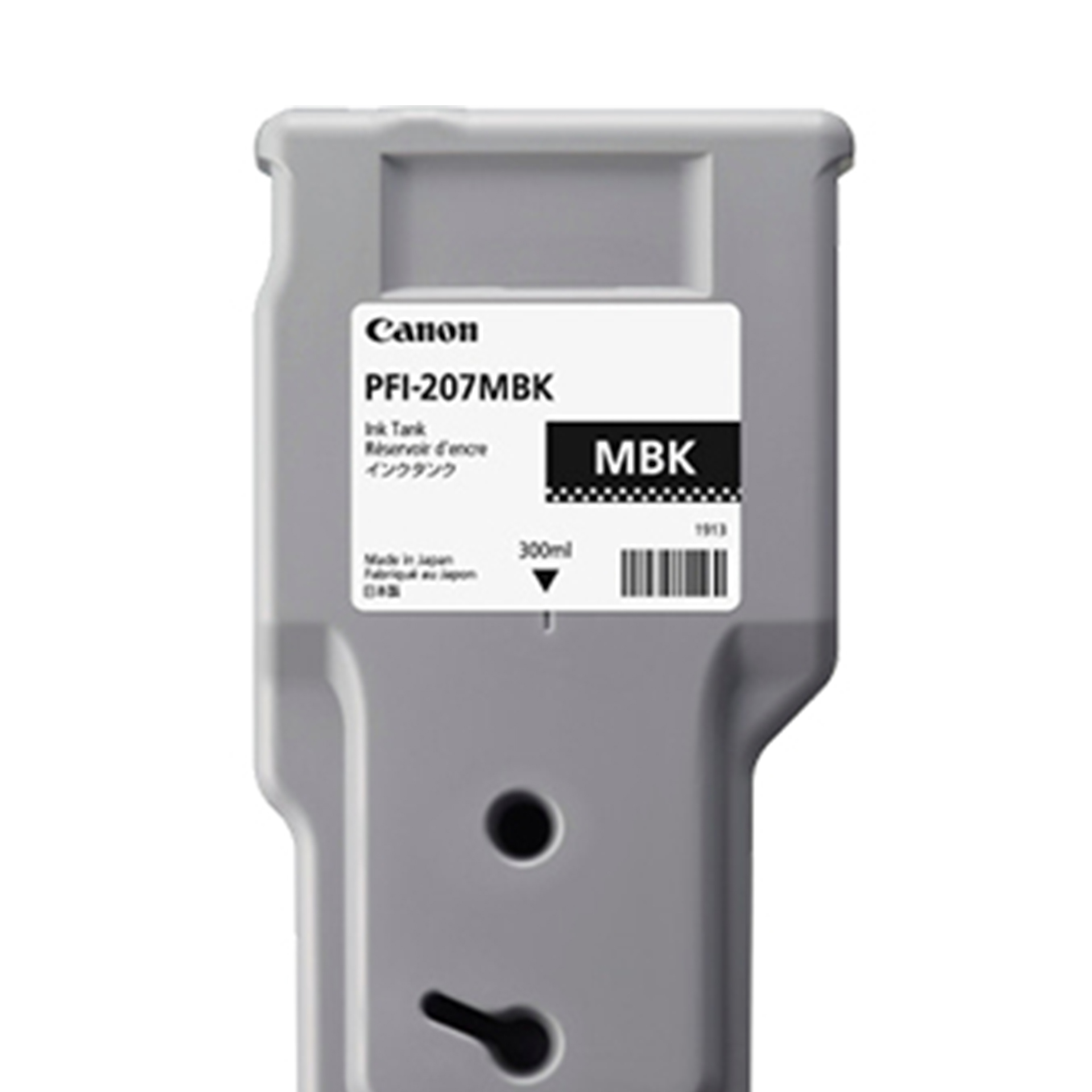 Una cartuccia d'inchiostro Canon PFI-207MBK. È grigia con un'etichetta bianca. Contiene 'Ink Tank' e '300ml'.