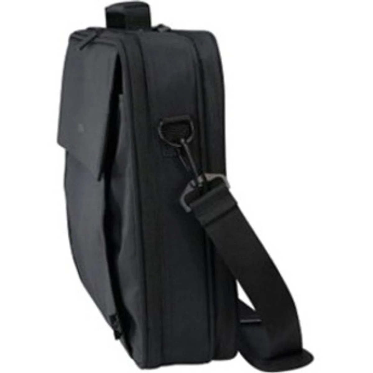A black messenger bag with a shoulder strap. It has a flap and a side profile visible.
