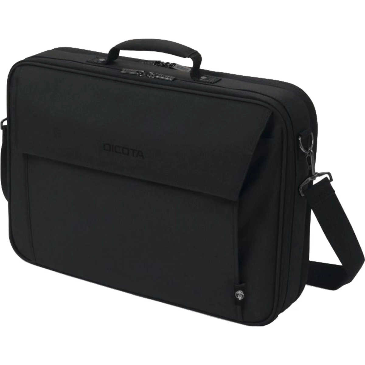 Black laptop bag with a handle and a shoulder strap. It is on a white background.