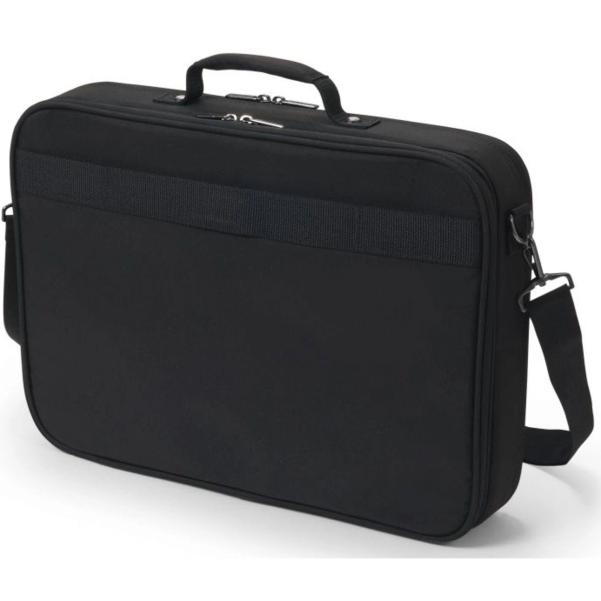 Black briefcase with a handle and shoulder strap. It rests on a white background.