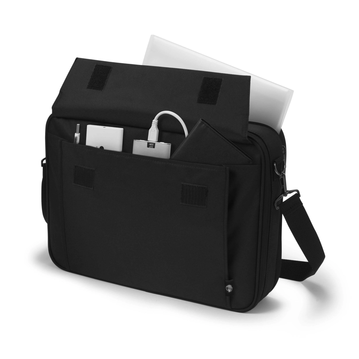 Black open briefcase with laptop and accessories inside.