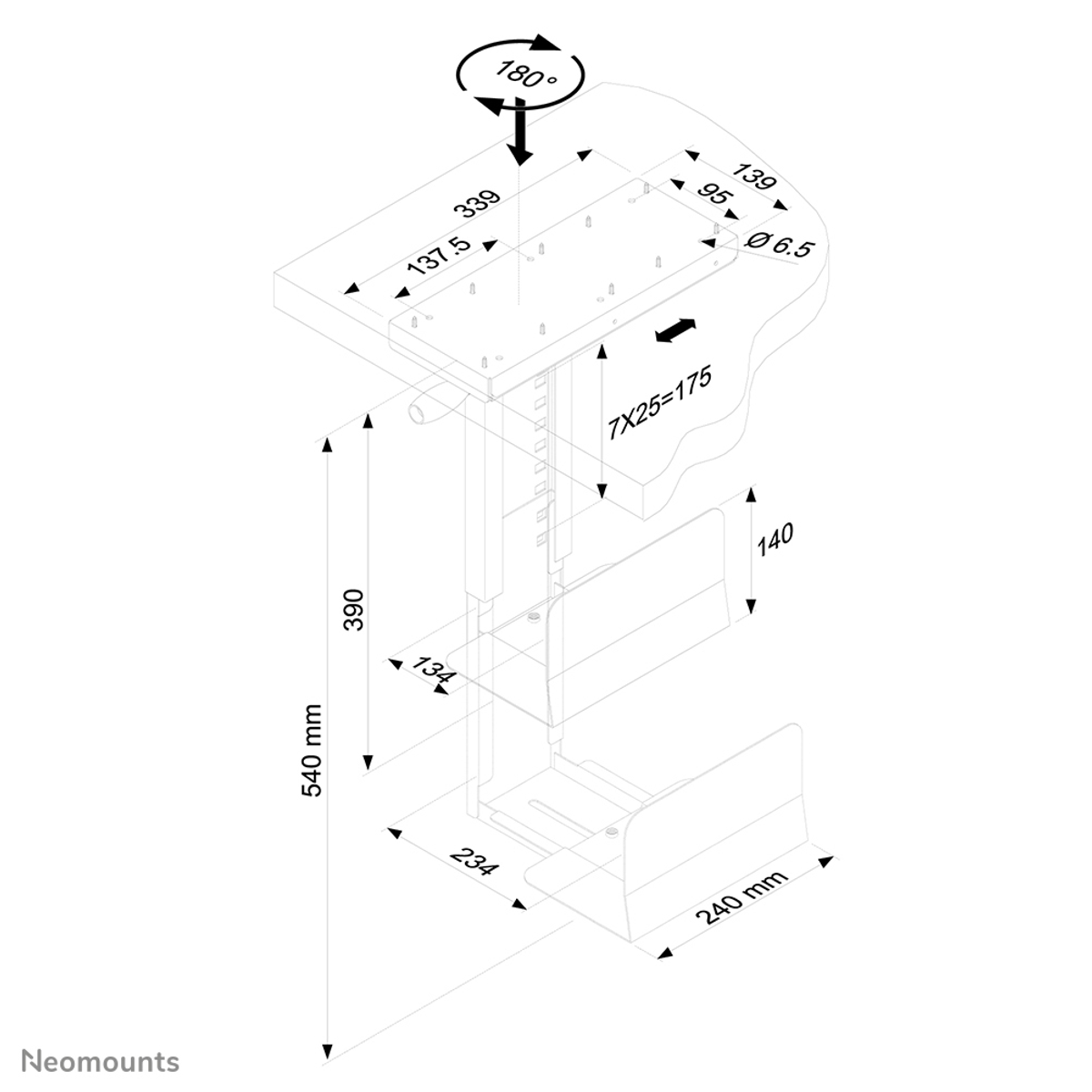 Diagramma isometrico che mostra le dimensioni e le parti di un supporto per monitor.