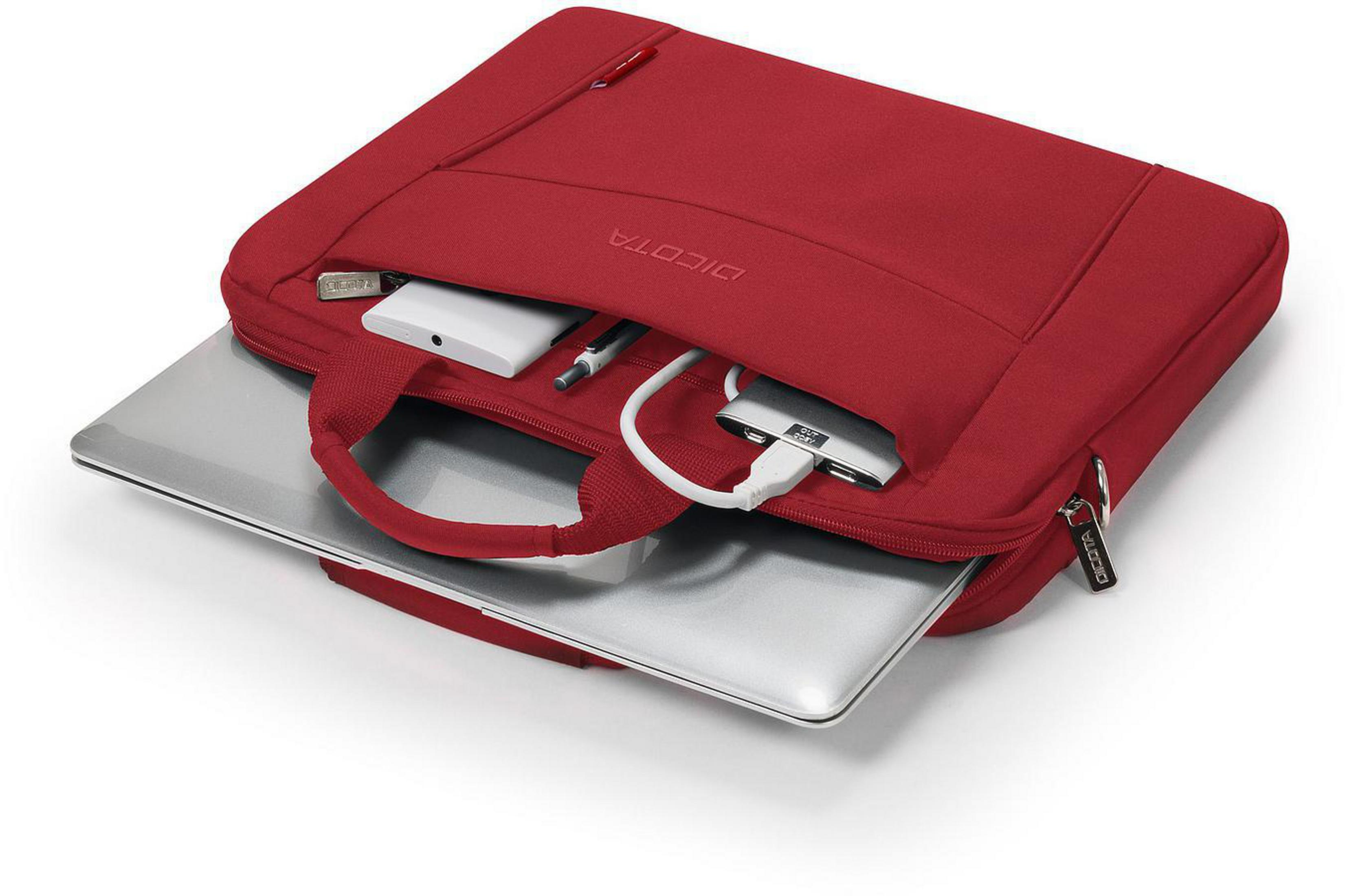 Rote Dicota Laptoptasche geöffnet, Laptop und Zubehör. Weißer Hintergrund.