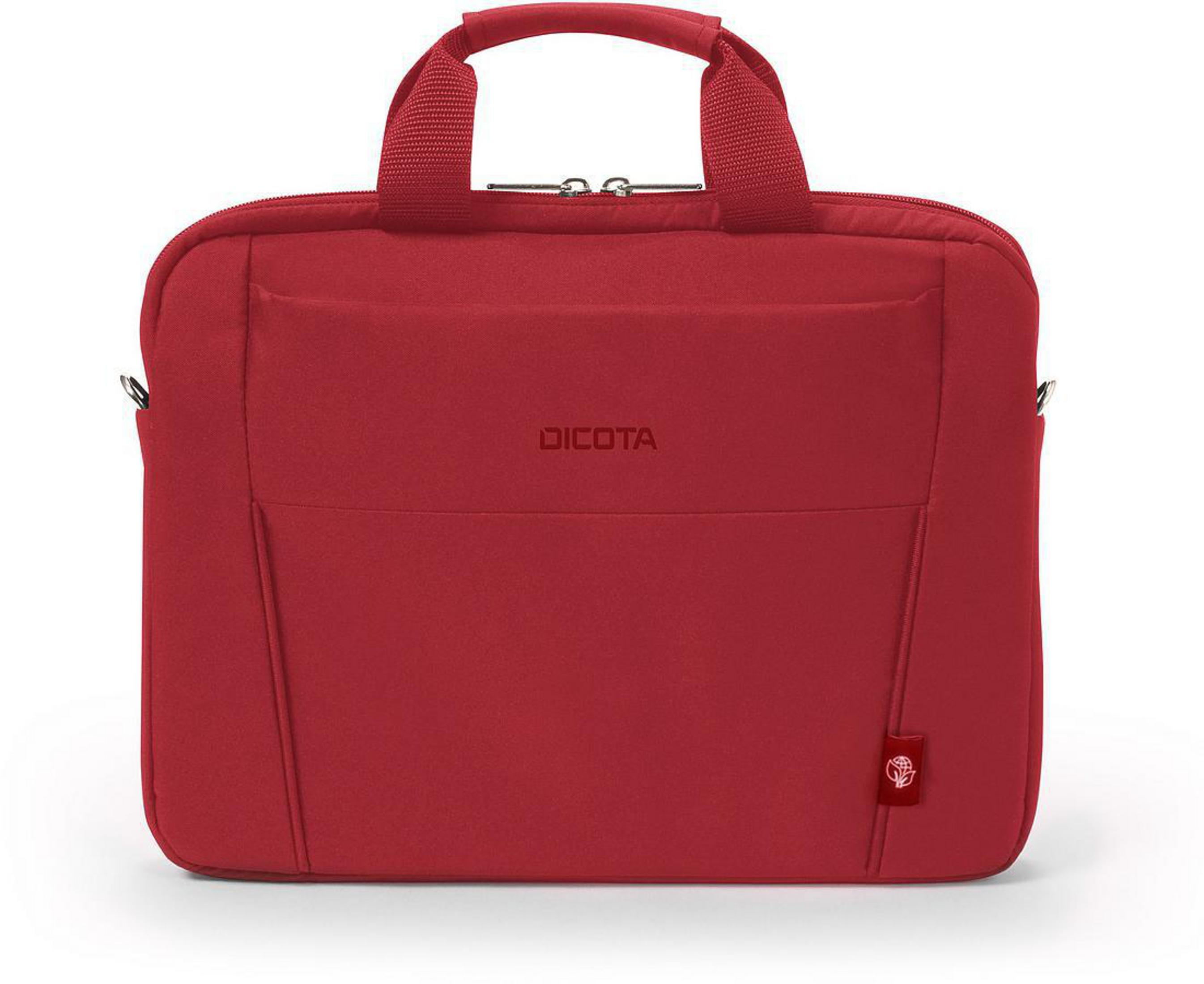 Rote Dicota Laptoptasche mit Griff und Schulterriemen. Weißer Hintergrund.