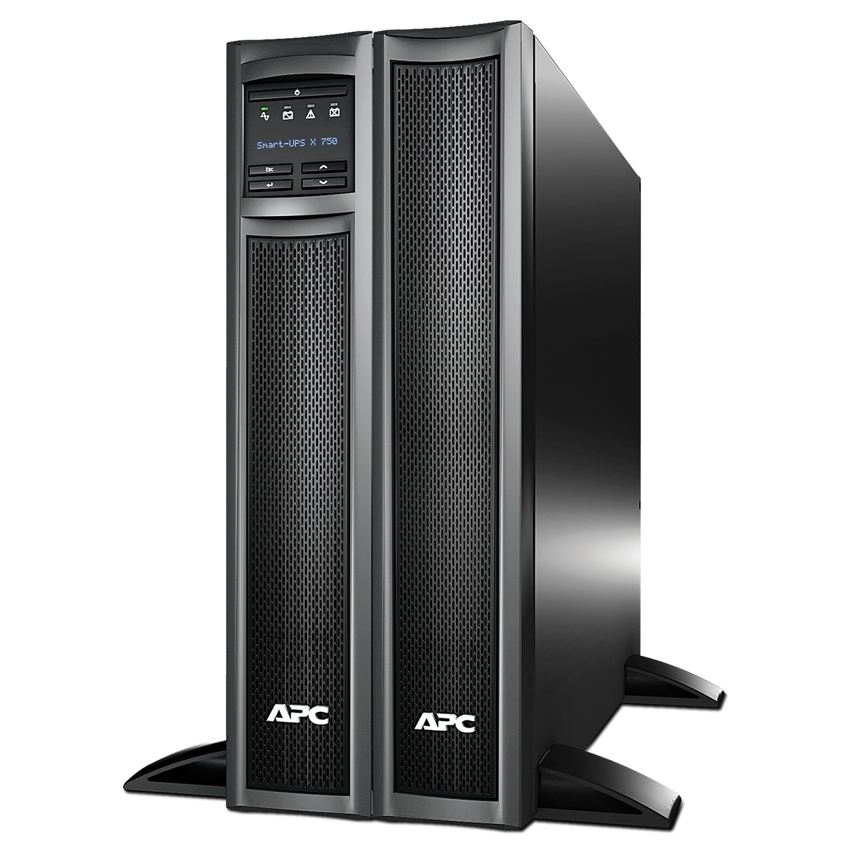 Ein schwarzes APC Smart-UPS X 750. Es hat ein Display und Lüftungsgitter. Das APC-Logo ist sichtbar.