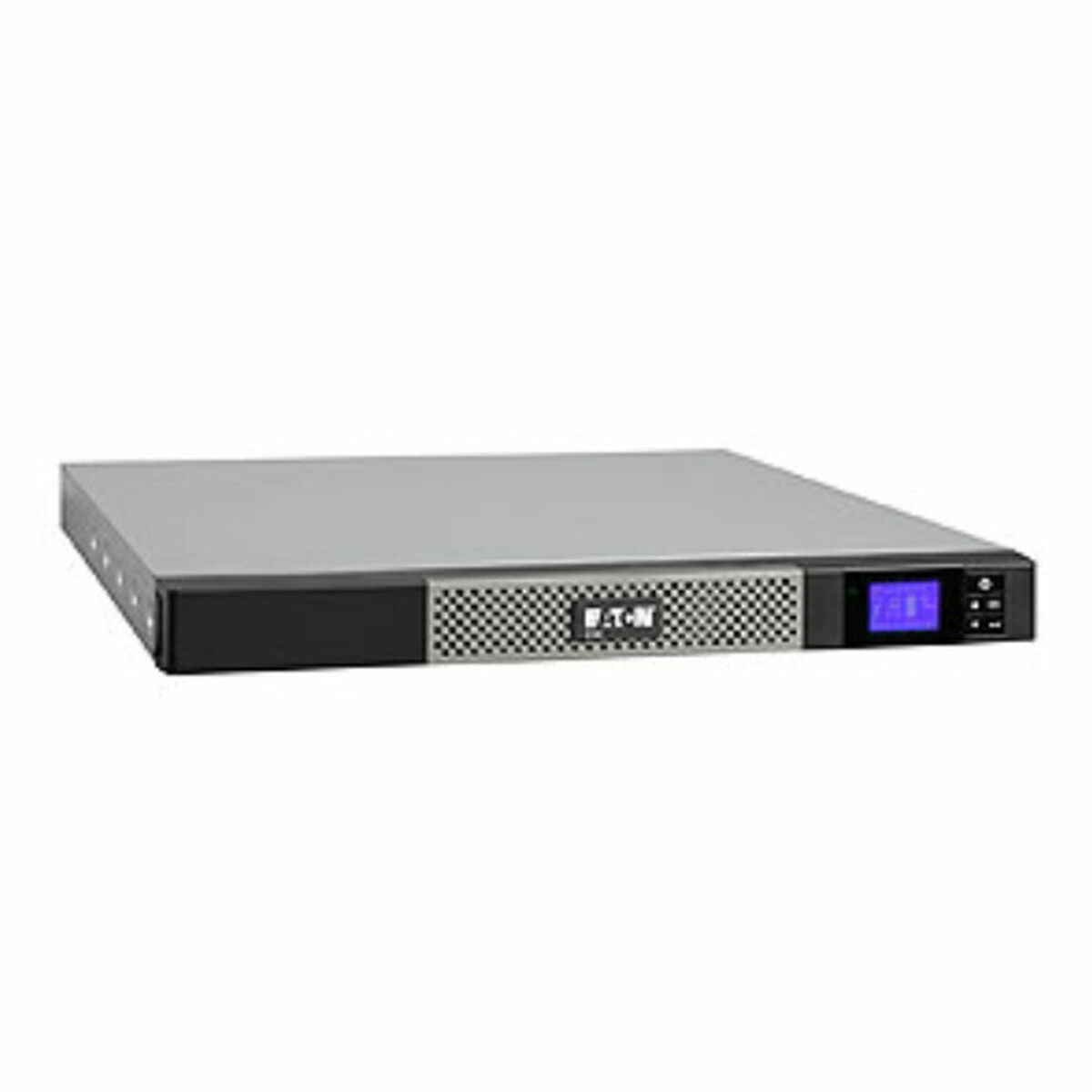 Un dispositivo UPS Eaton argento e nero. Ha uno schermo e pulsanti sulla destra. La parte anteriore ha una griglia.