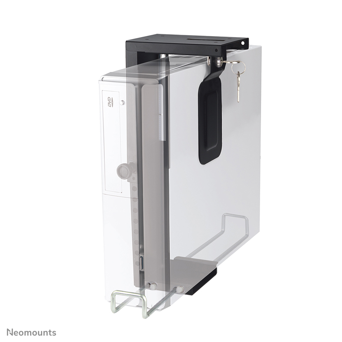 Un case per computer bianco con staffa di montaggio attaccata.