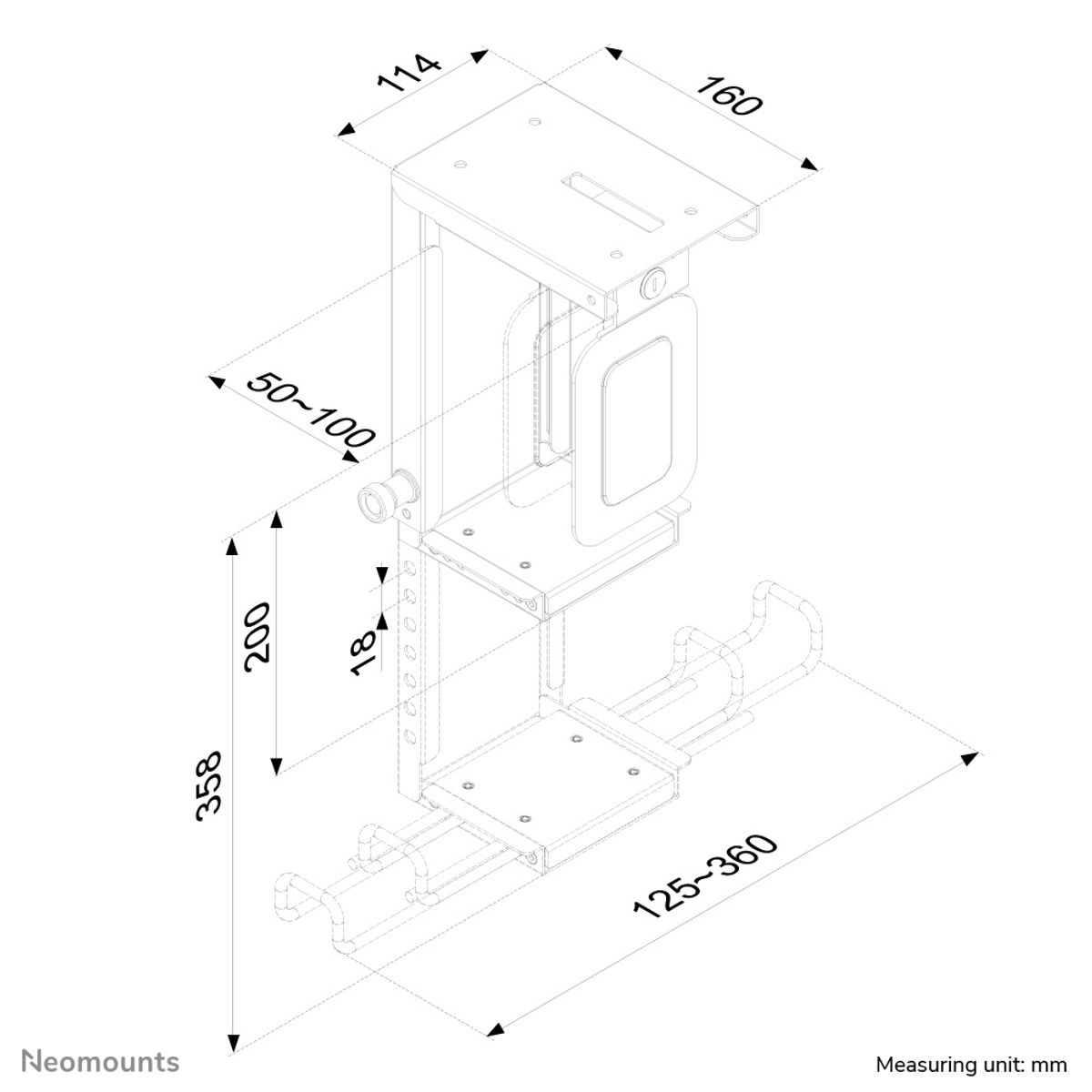 Diagramma di una staffa metallica con dimensioni e annotazioni. Include le dimensioni per una configurazione computer.