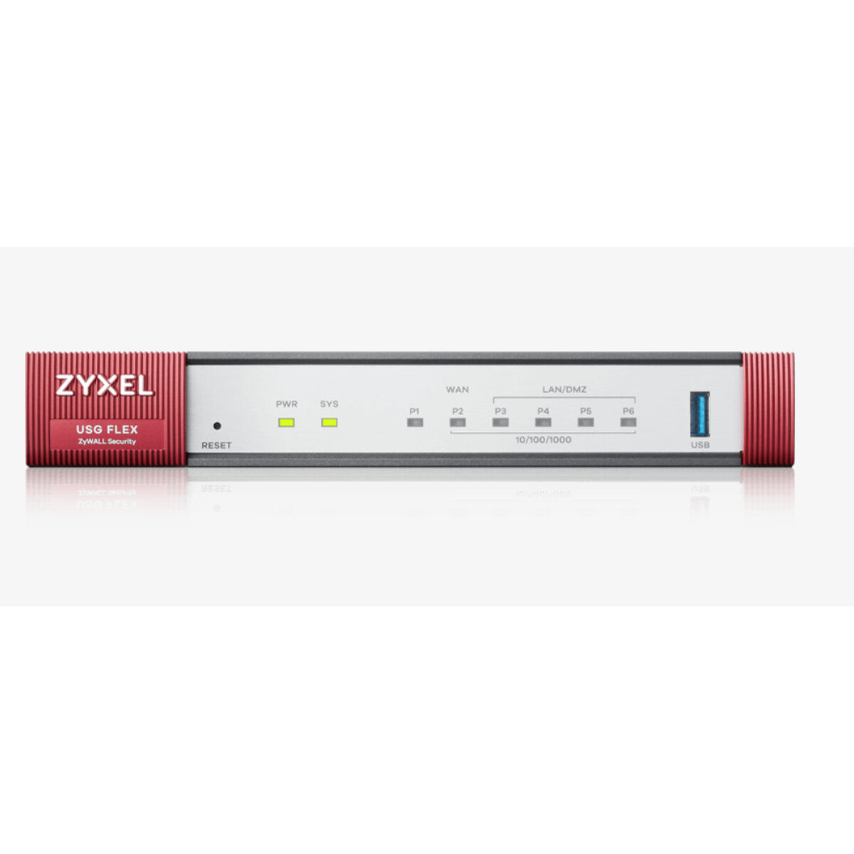 Firewall Zyxel USG FLEX. Corpo rosso, con indicatori, porte e logo Zyxel.