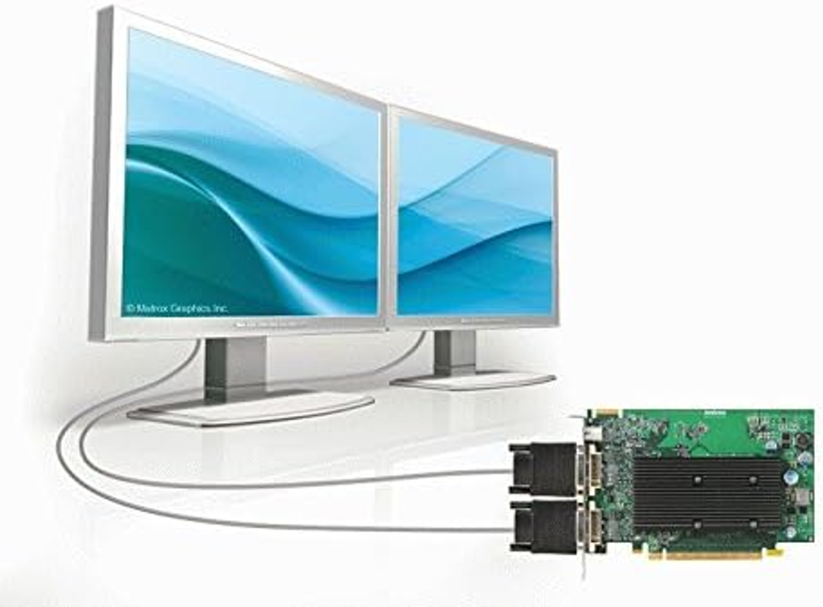 Twee computermonitoren zijn aangesloten op een grafische kaart. De monitoren tonen een blauw-groene gradiënt. Kabels lopen van de kaart.