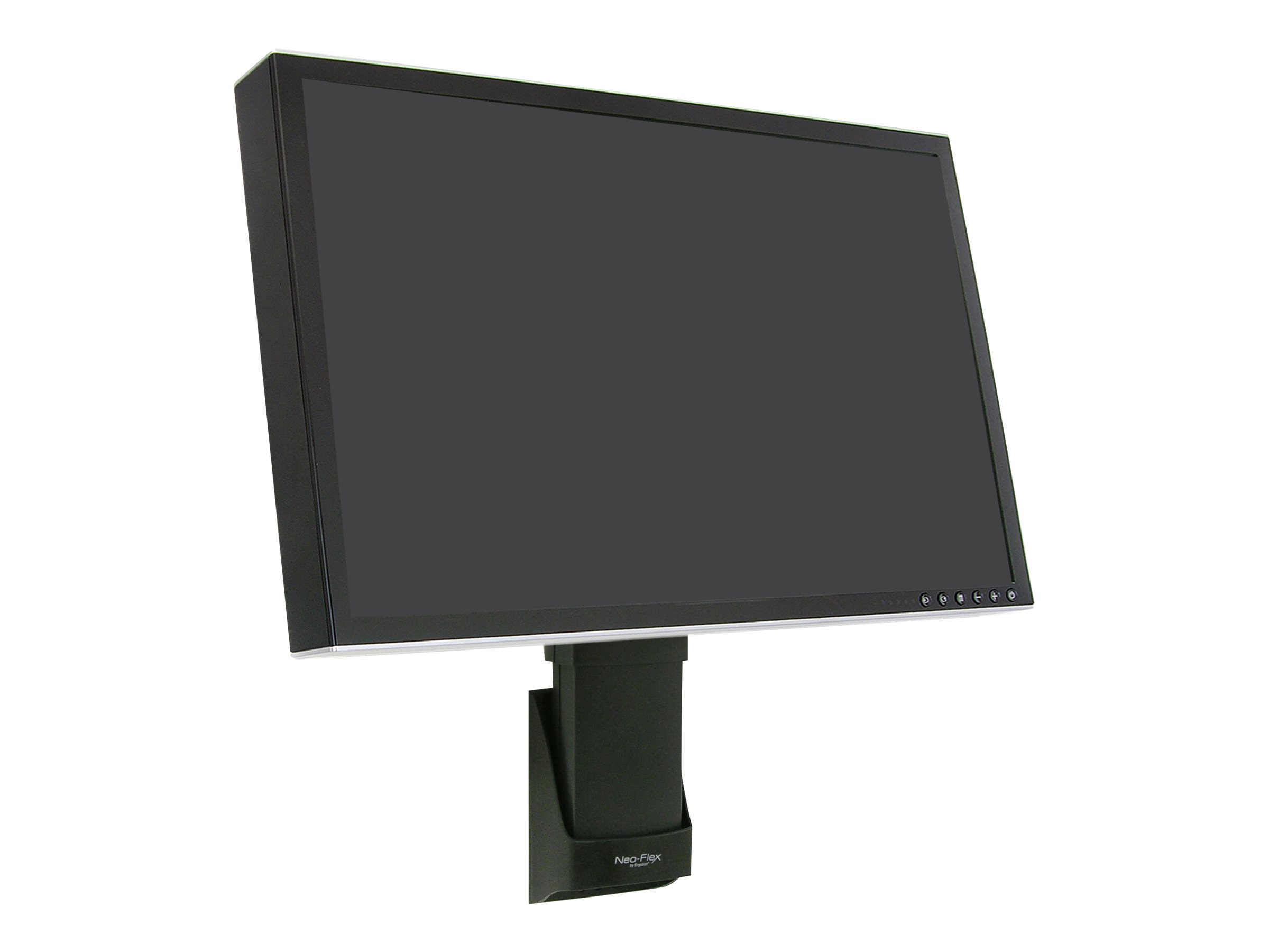 Un monitor nero con cornice argentata su supporto nero con logo.