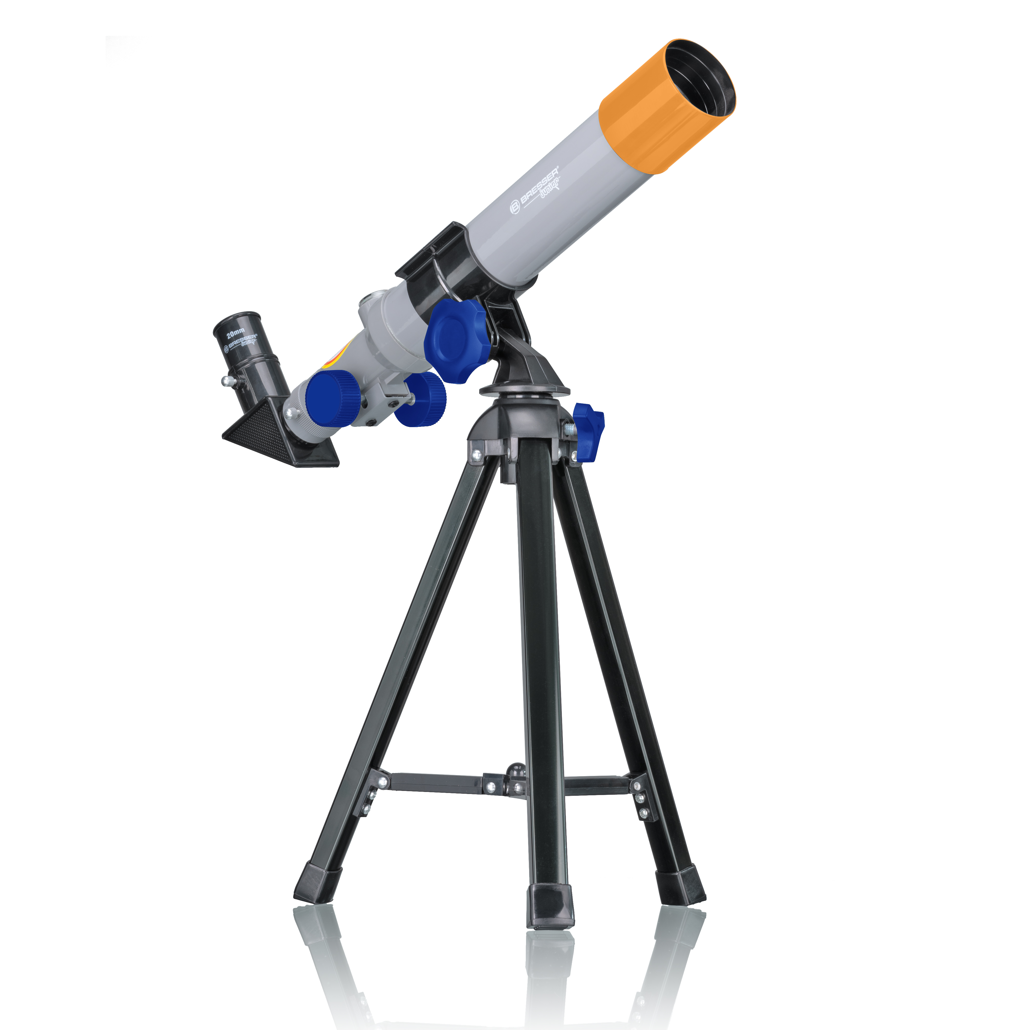 Telescopio gris y naranja sobre trípode. Perillas azules, fondo blanco.