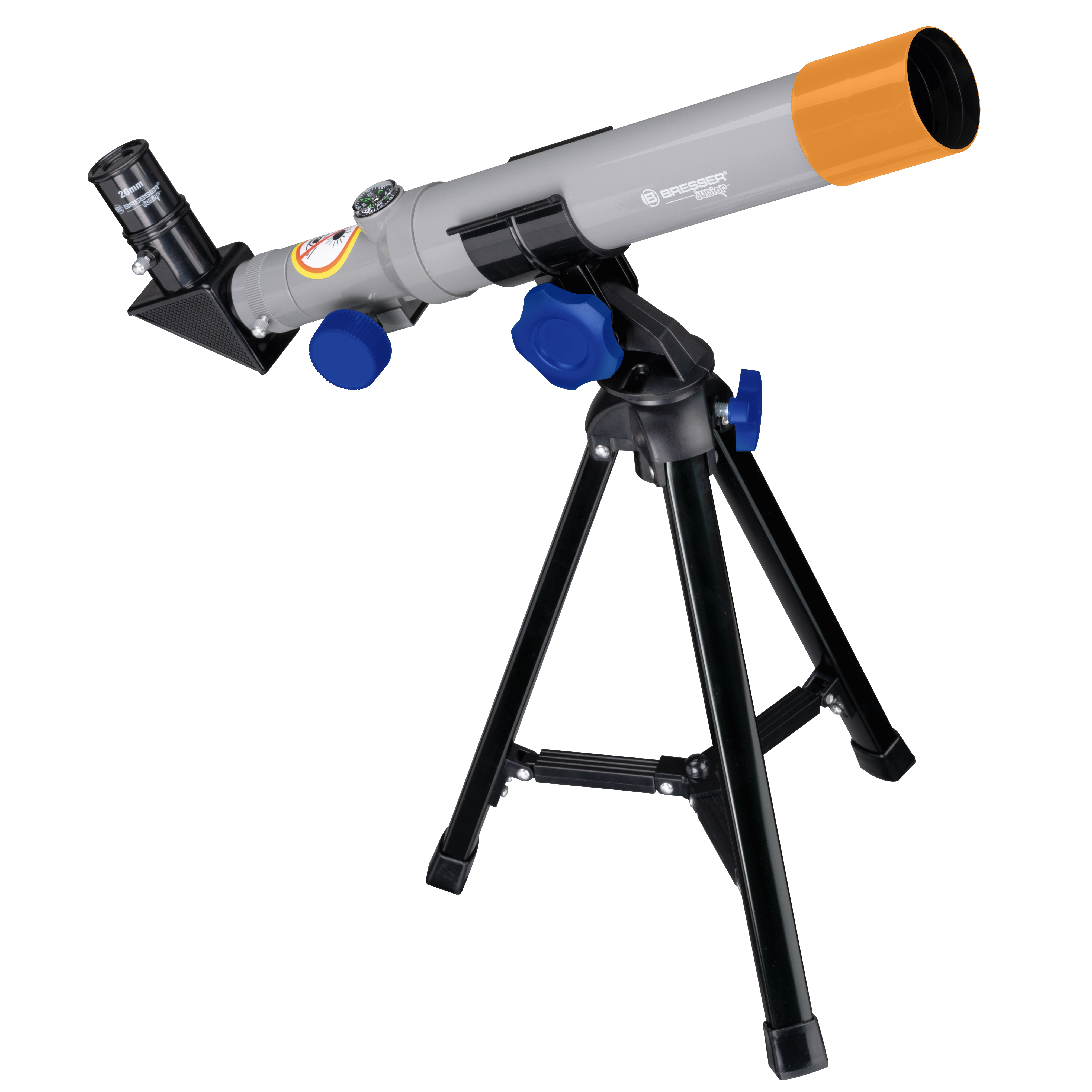 Un telescopio gris y naranja sobre un trípode negro, fondo blanco.