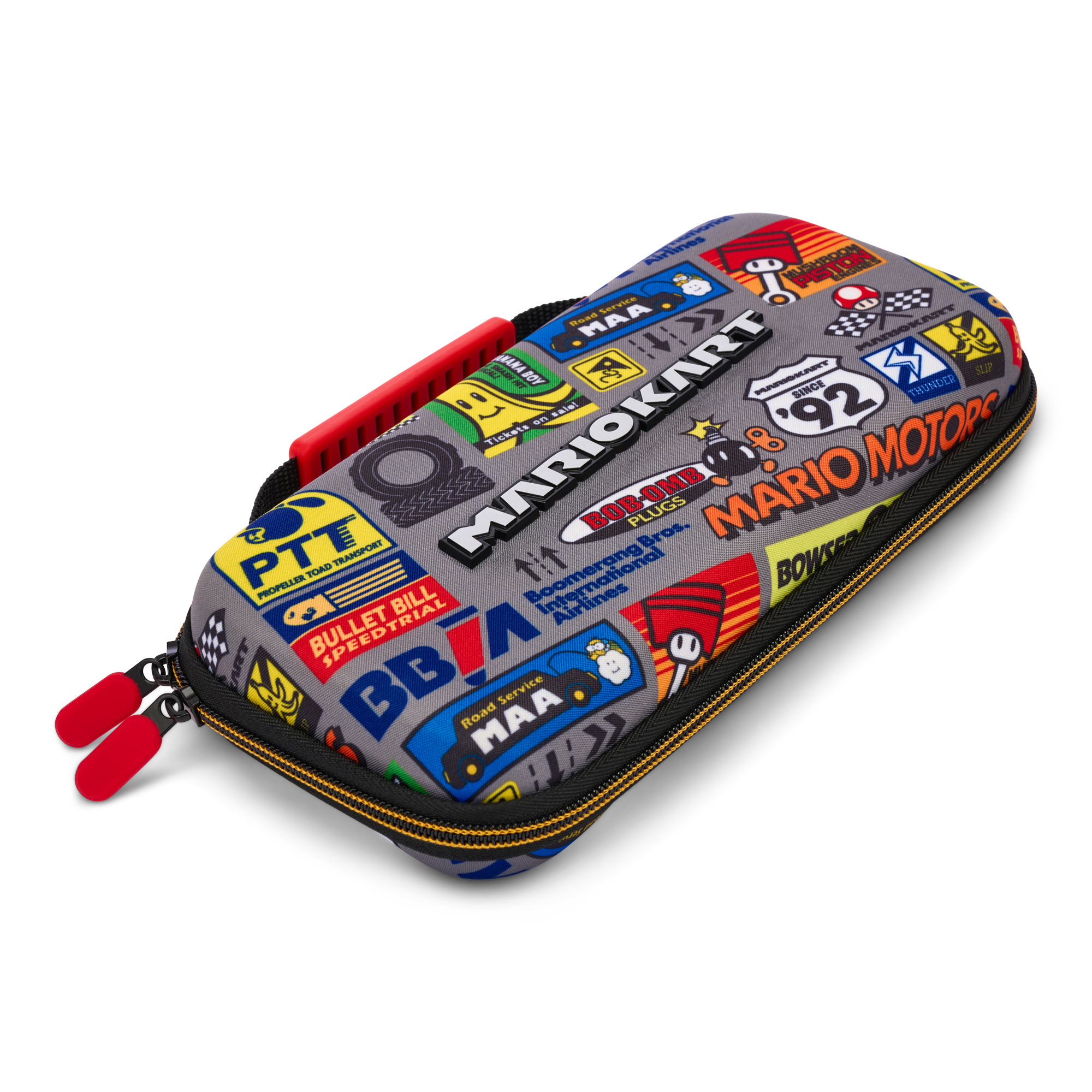 Etui w stylu Mario Kart z czerwonymi zamkami i czerwonym uchwytem na białym tle.