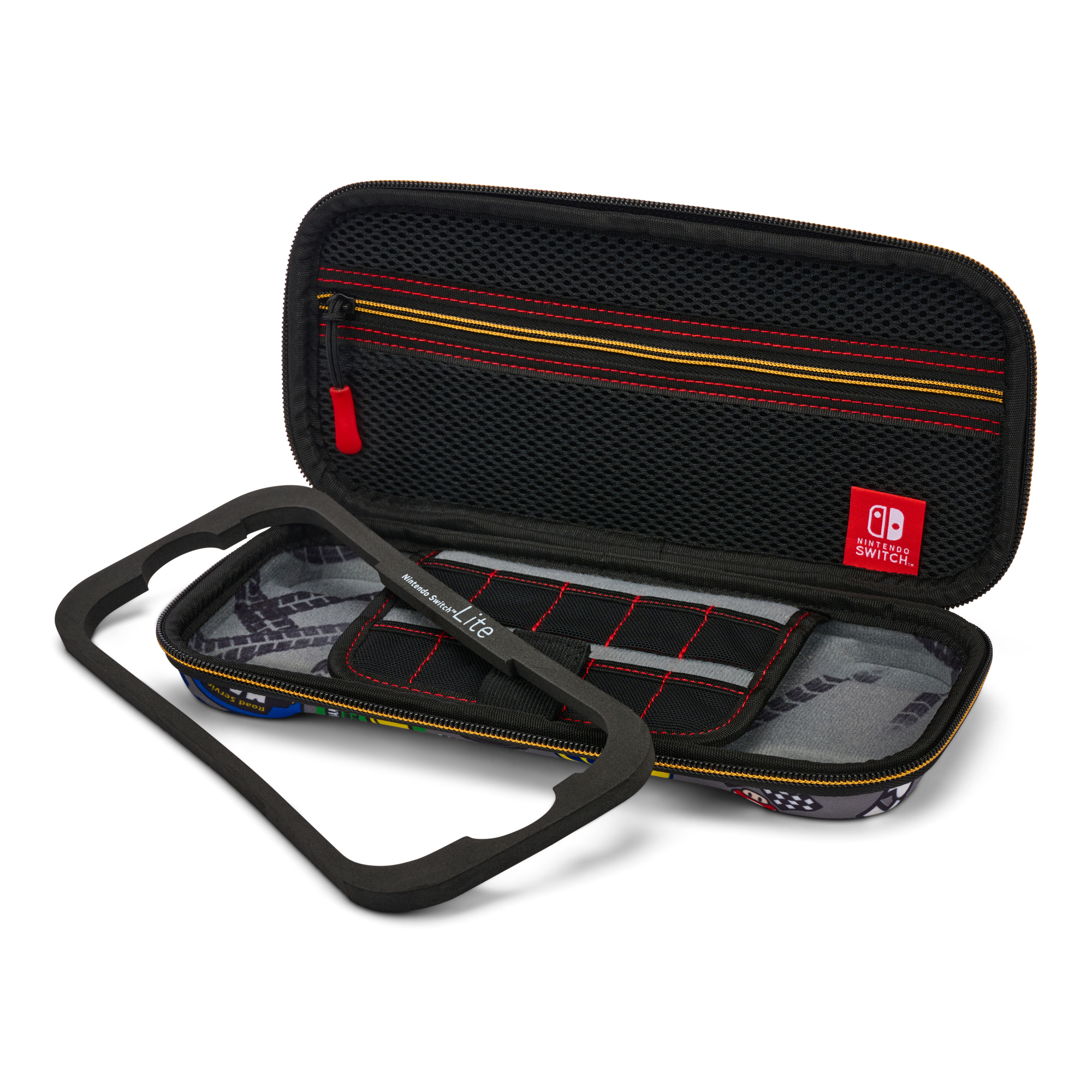 Etui Nintendo Switch Lite, otwarte. Pokazuje gniazdo konsoli i miejsce na karty do gier.