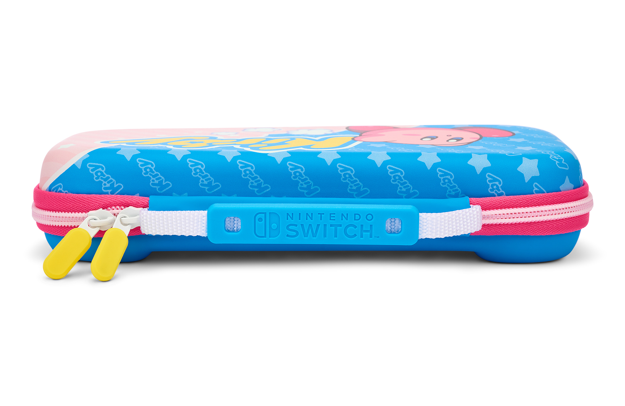 Niebiesko-różowe etui na Nintendo Switch z Kirby, niebieskim uchwytem i różowymi zamkami.