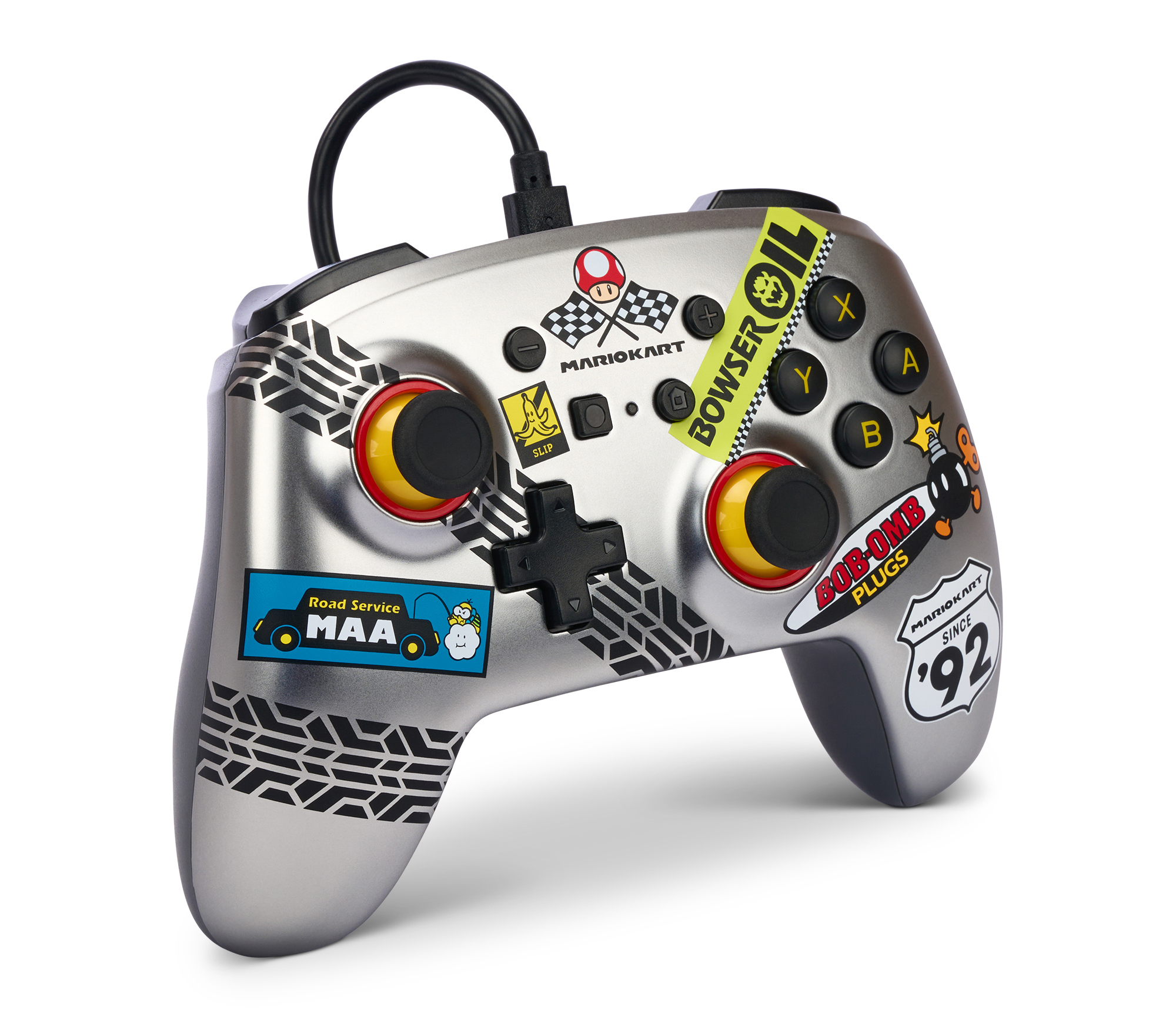 Silberner Mariokart-Controller mit Aufklebern und Tasten.