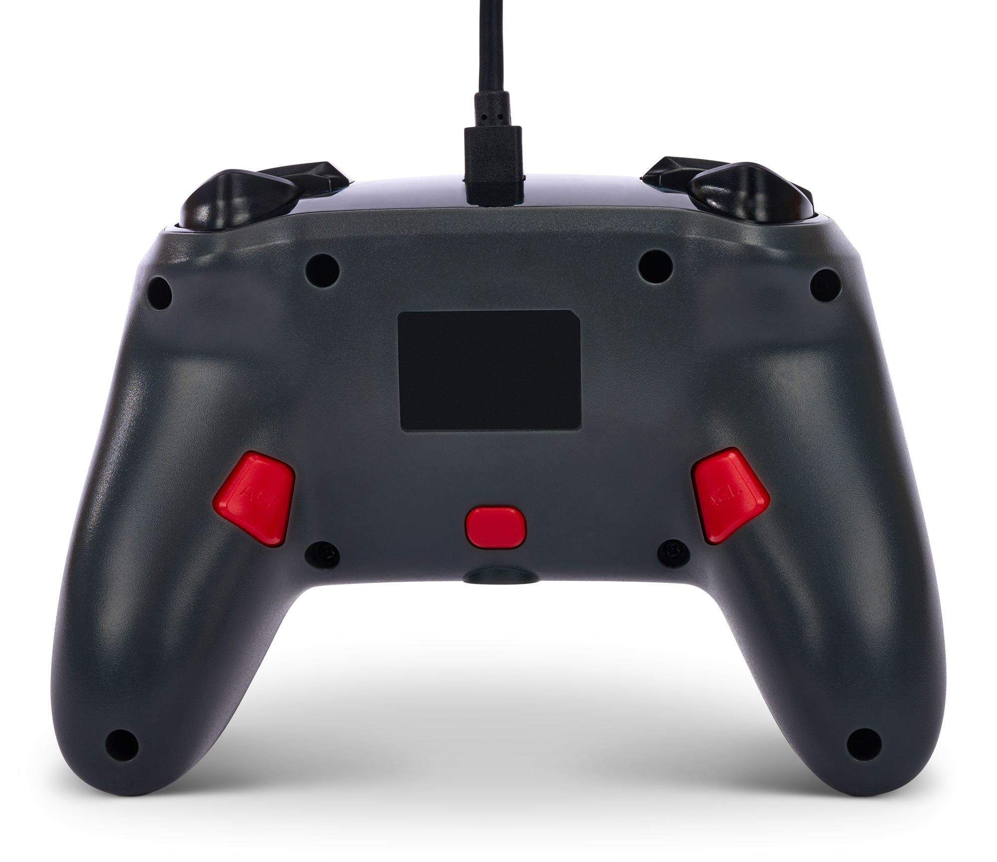 Rückansicht eines dunkelgrauen Gamecontrollers mit zwei roten Tasten und einem USB-Kabel.