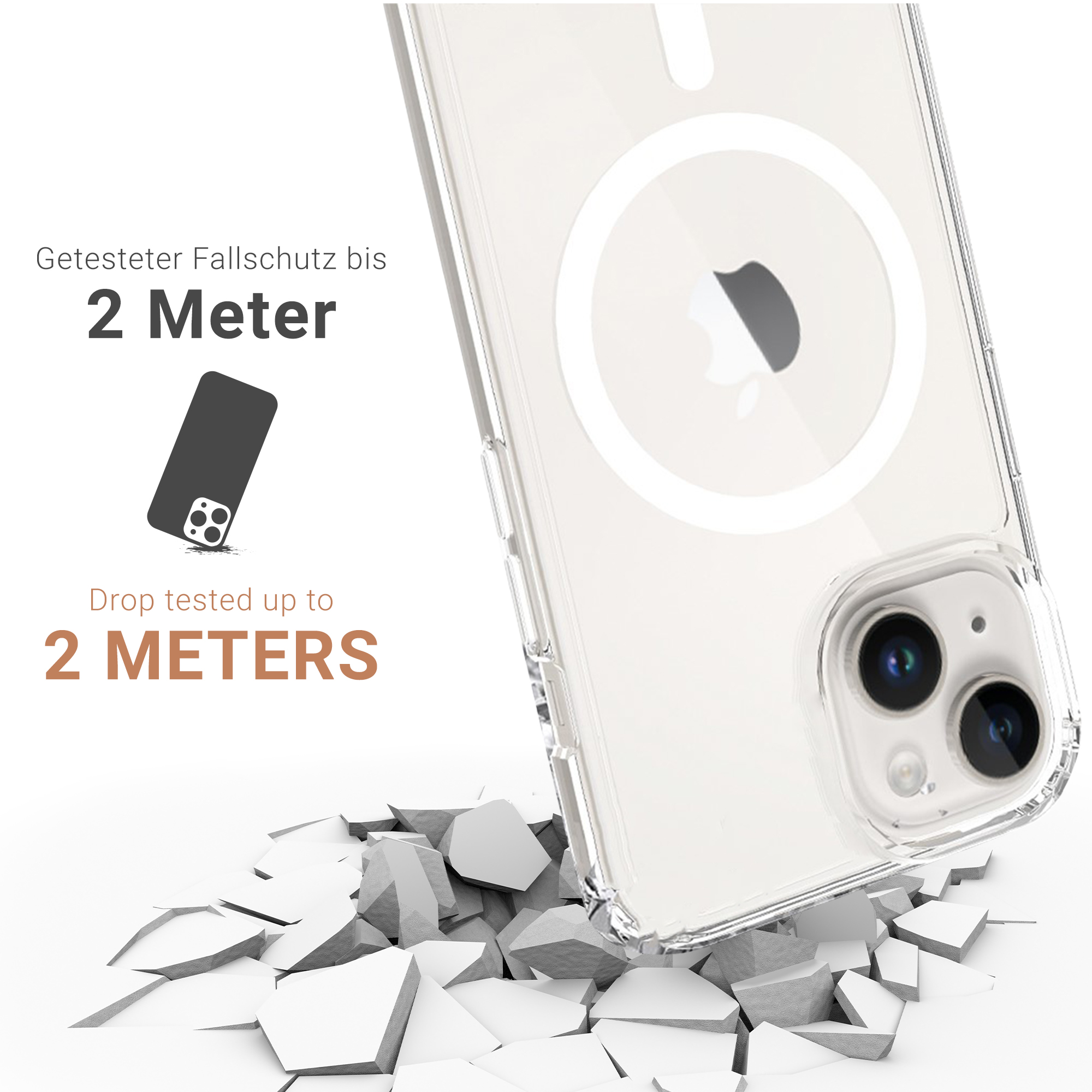 Transparente Handyhülle mit Telefon, zerbrochener Boden. Zeigt Fallschutz.
