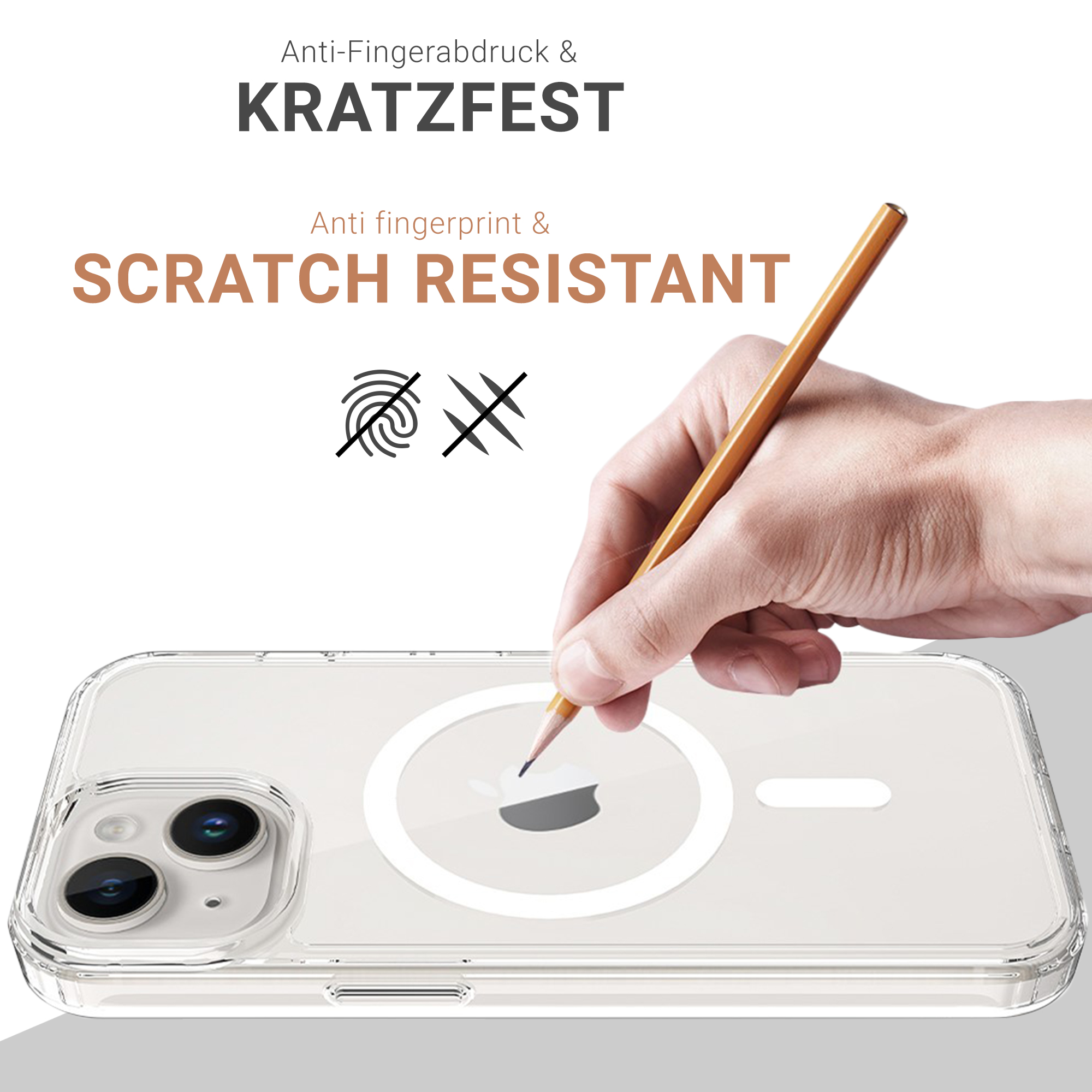 Hand hält einen Bleistift in der Nähe einer klaren Handyhülle. Text: Anti-Fingerabdruck & kratzfest.