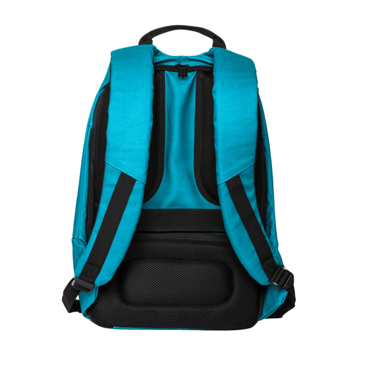 Mochila turquesa con correas negras y soporte lumbar. Cuenta con asa y correas ajustables.