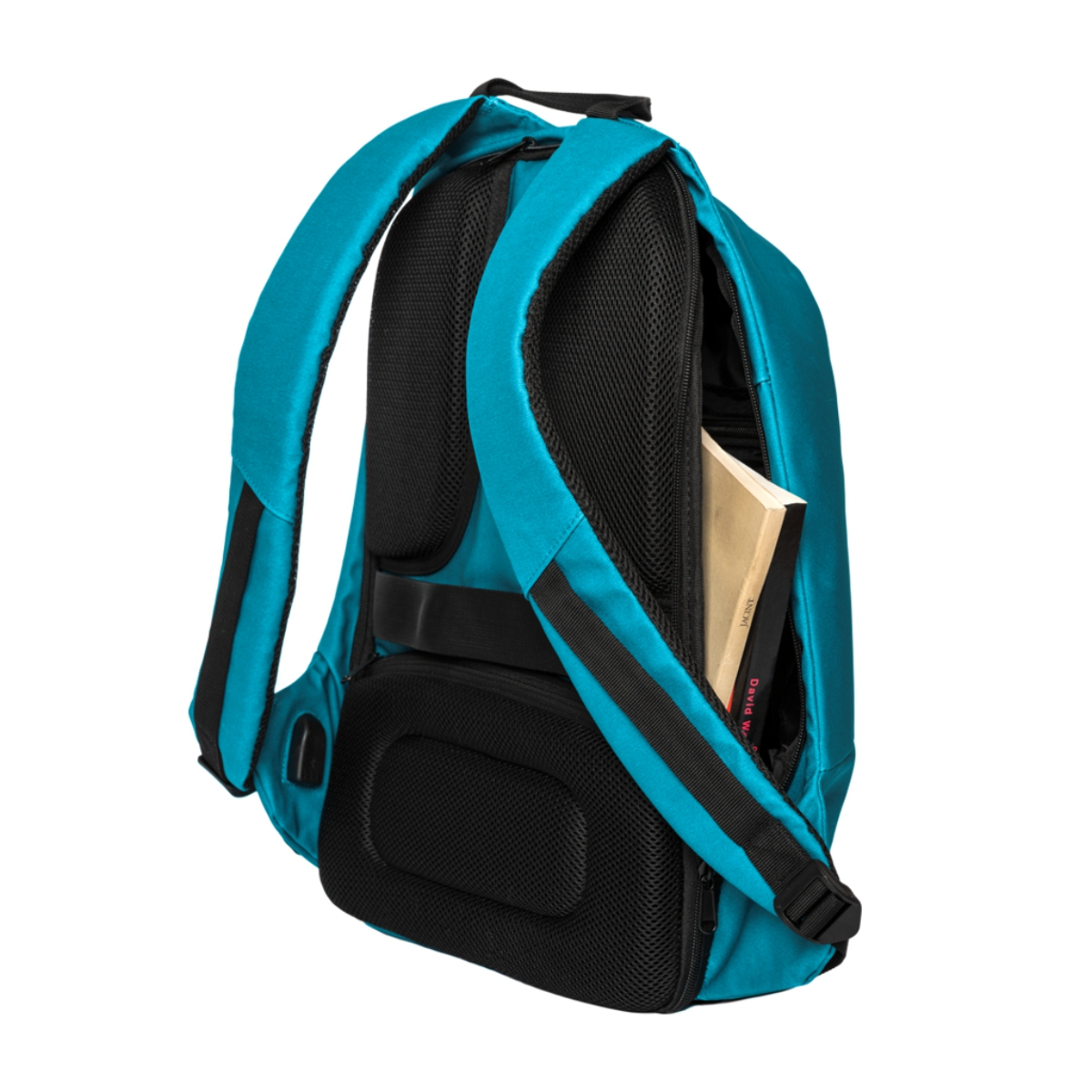 Mochila turquesa con bolsillo abierto que muestra un libro. Espalda y correas de malla negra.