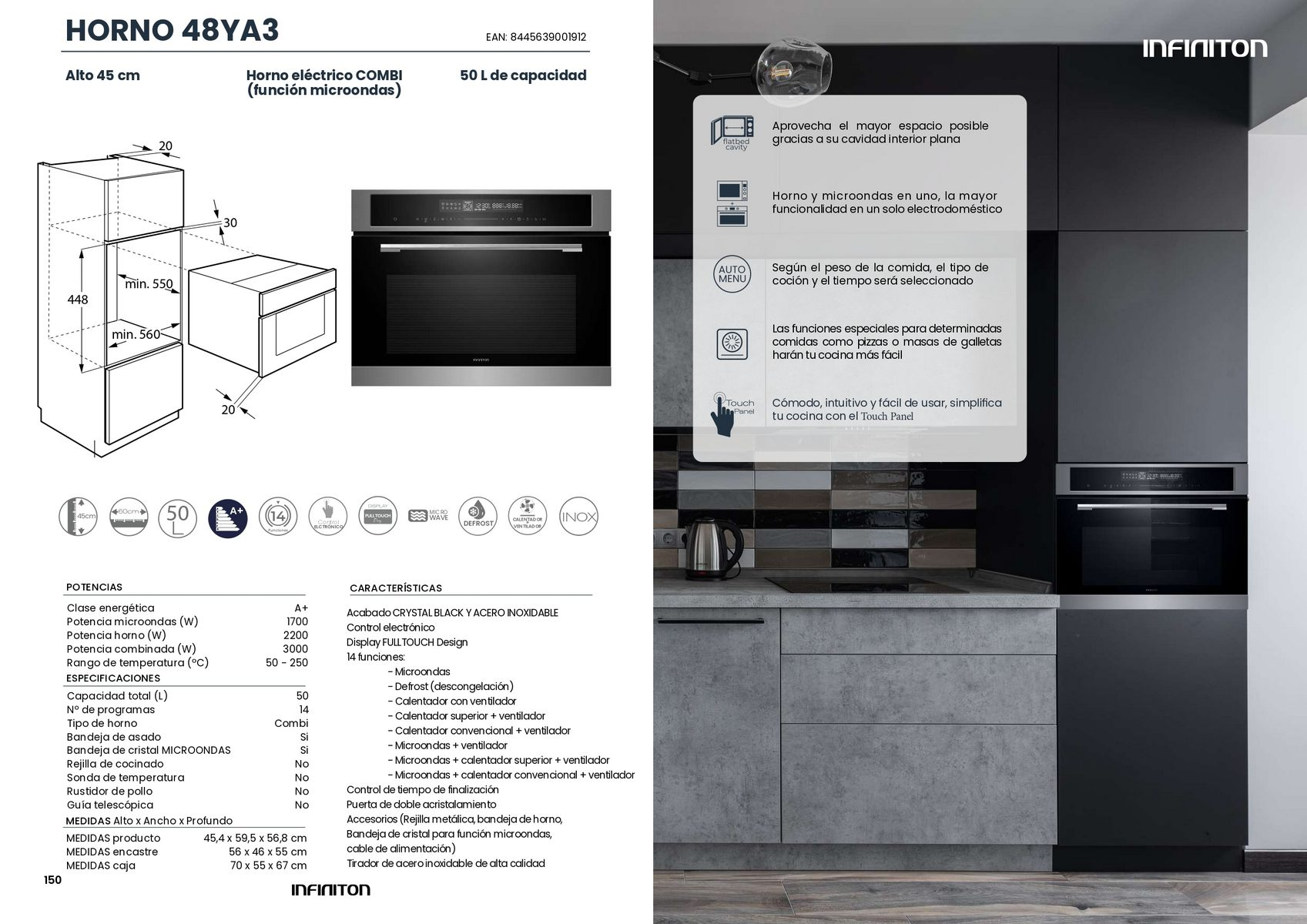 Un diagrama de un horno que muestra dimensiones, características y detalles de eficiencia energética con texto en español.