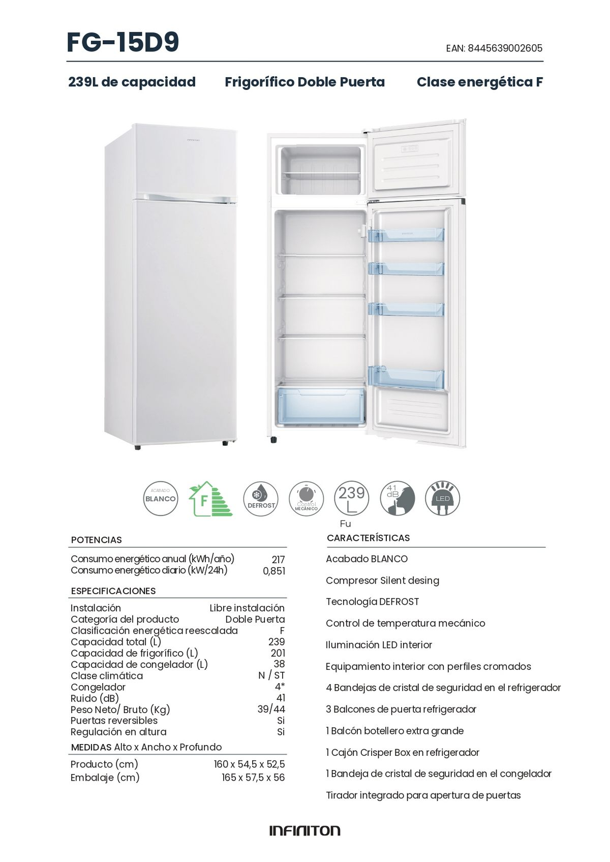 Refrigerador blanco de doble puerta con información del producto. Puertas abiertas revelando estantes, cajones e interior.