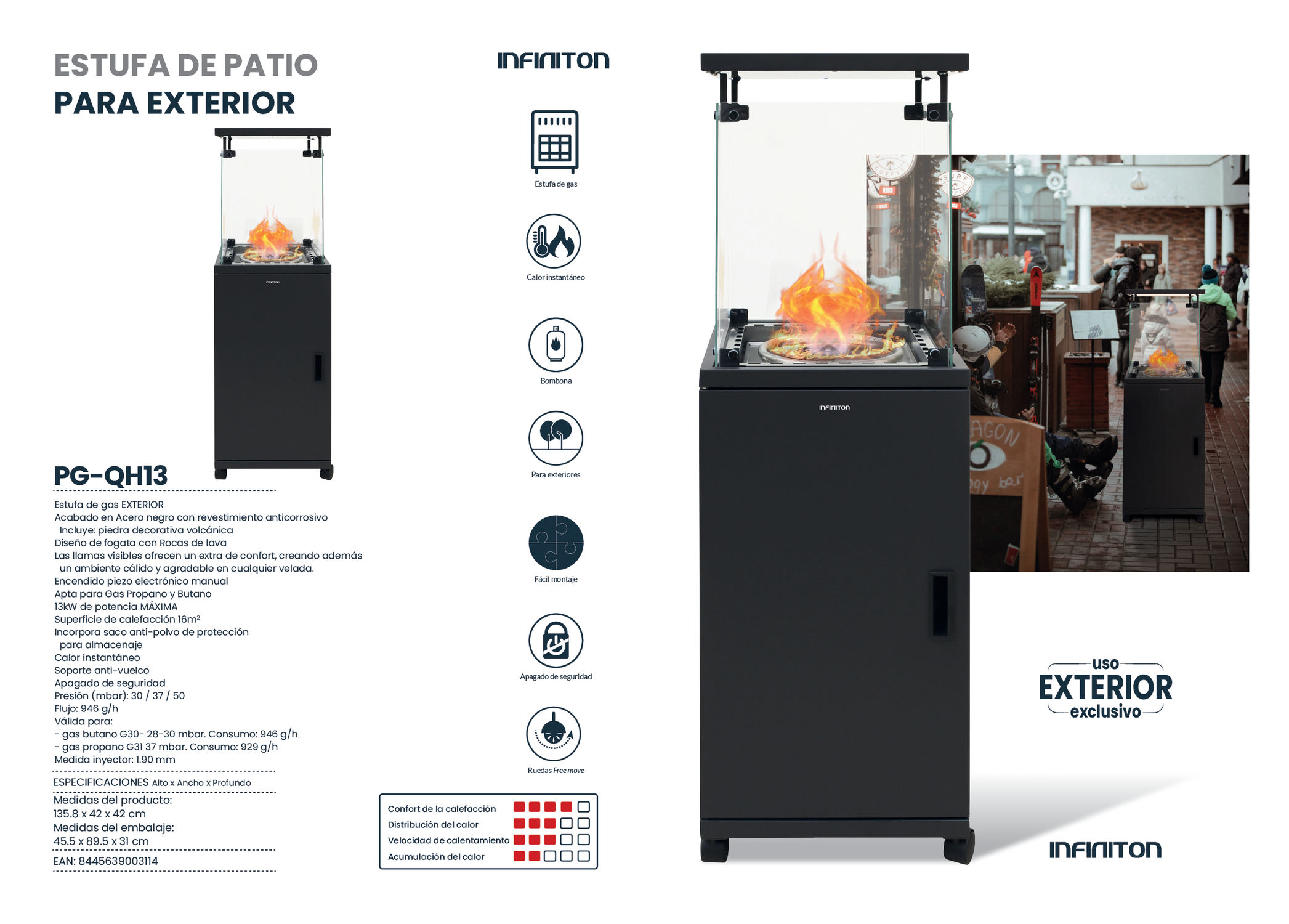 Calentador de patio exterior negro con paneles de vidrio, llama visible. Incluye especificaciones y descripción de características.