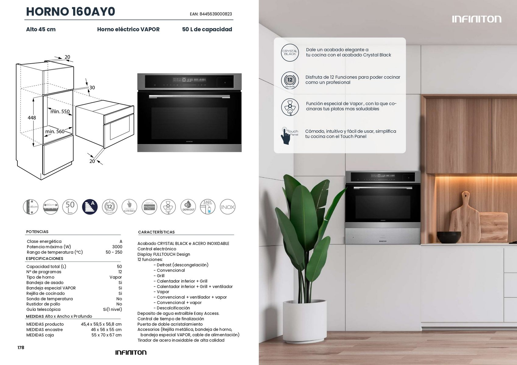 Horno Infiniton con texto sobre características y diseño, con cocina moderna al fondo.