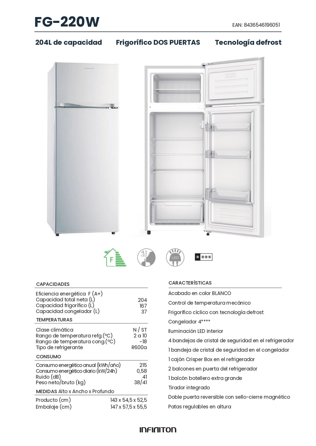 Refrigerador blanco con puertas abiertas, estantes y texto en diagrama.