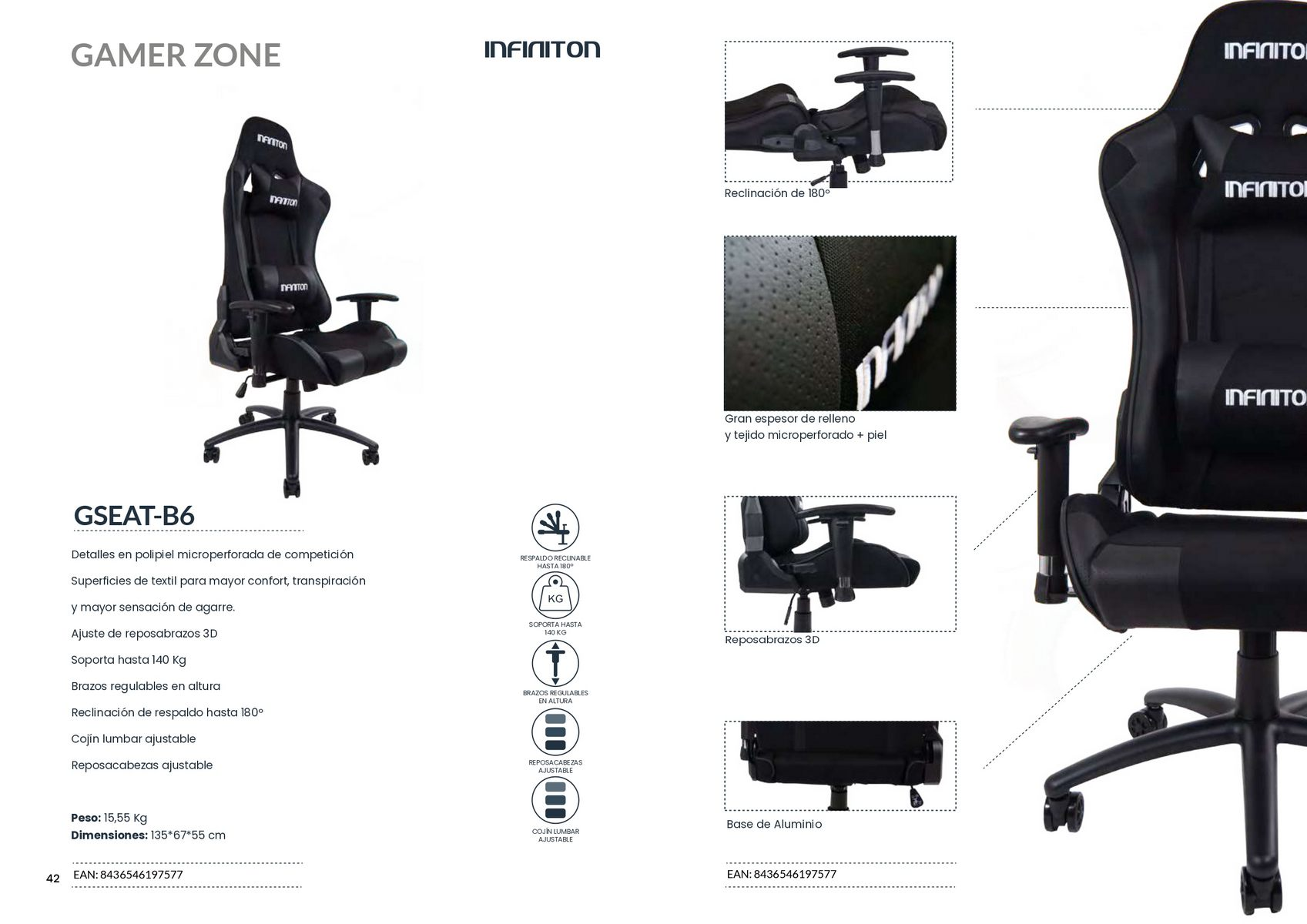 Un anuncio de una silla gaming. Incluye imágenes detalladas y texto sobre las características de la silla.
