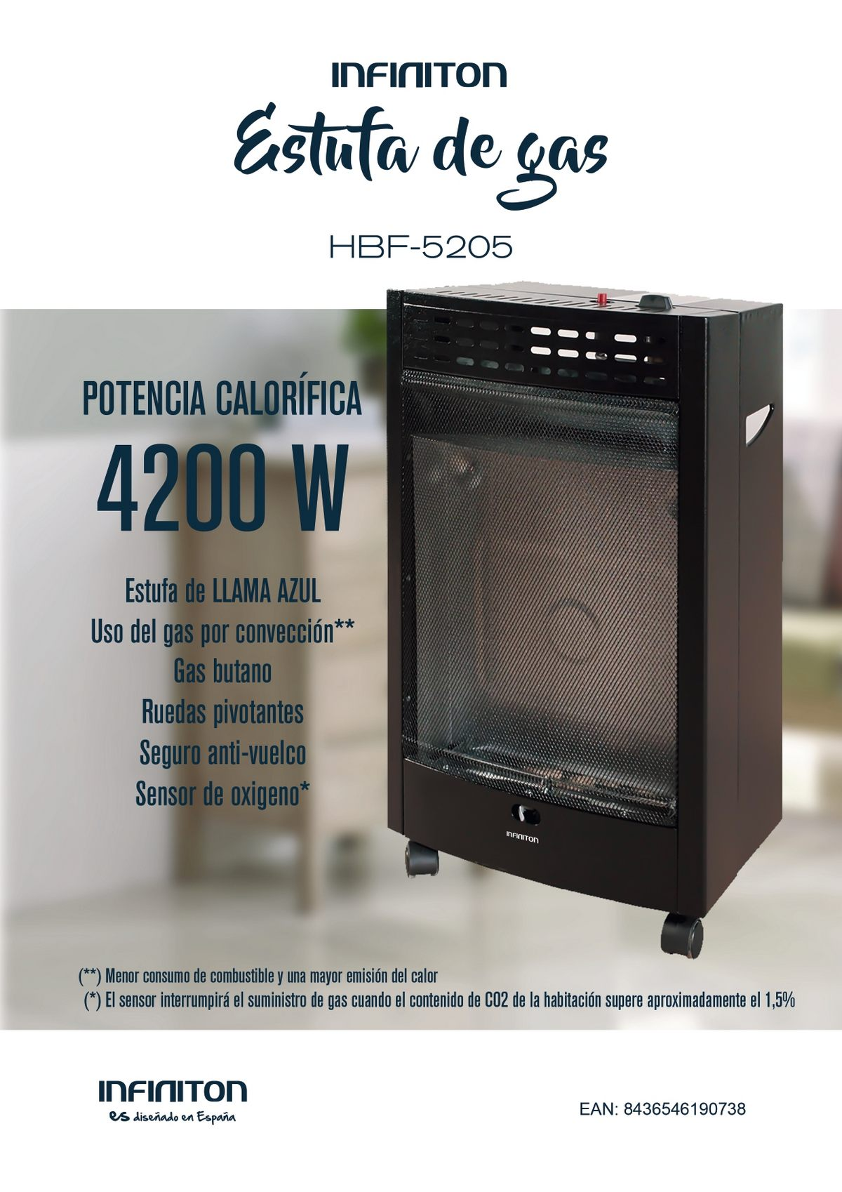 Stufa a gas Infiniton con visualizzazione della fiamma blu. Corpo nero con testo e specifiche. Sfondo sfocato.