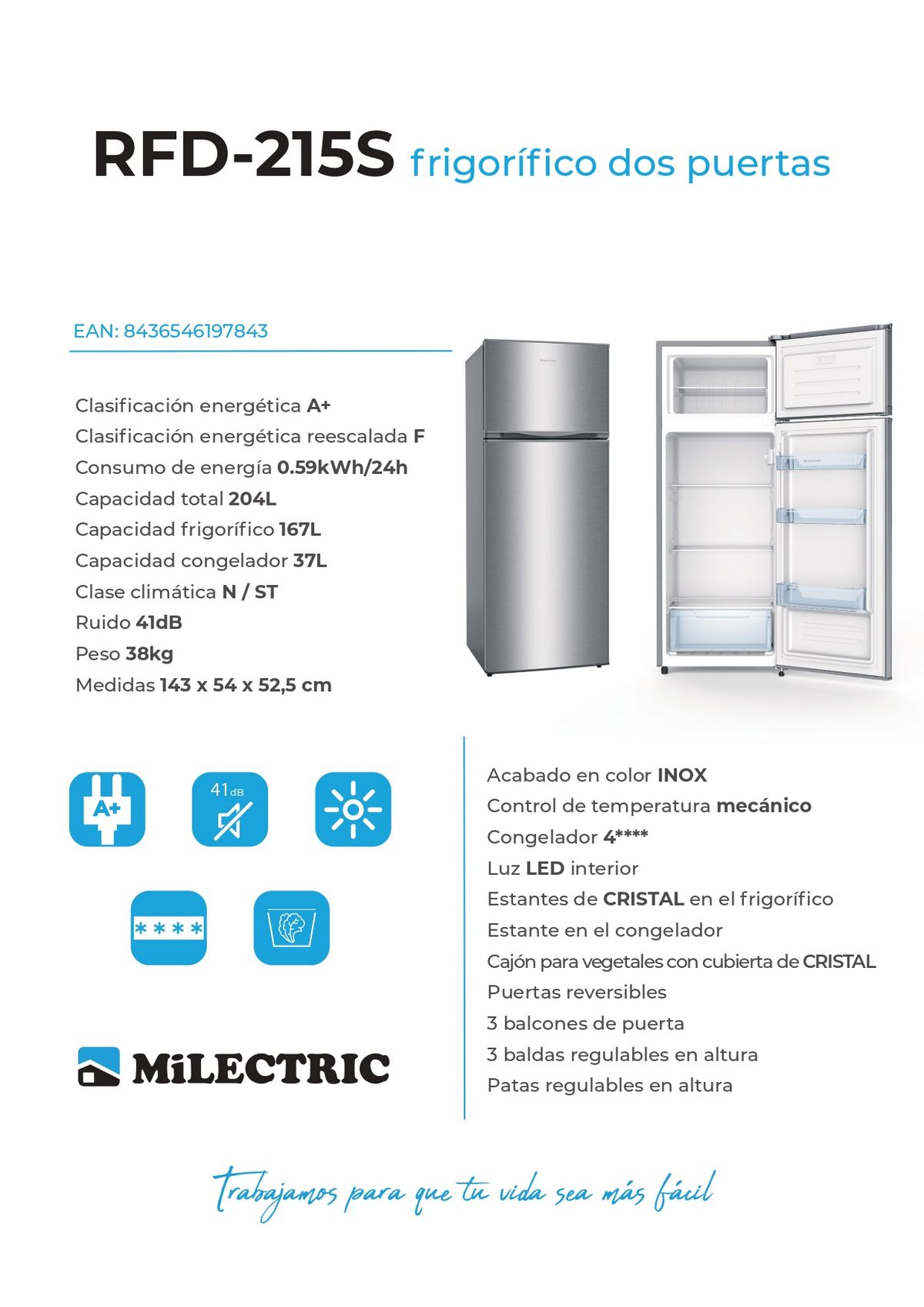 Infografía de un refrigerador con especificaciones.