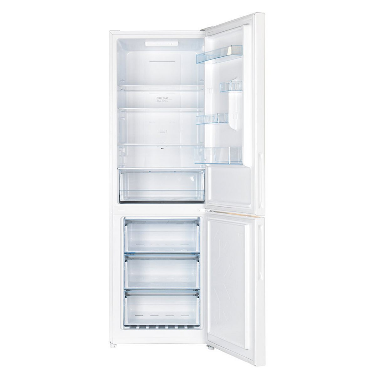 Refrigerador blanco abierto con estantes y cajones. El interior está bien iluminado y vacío.