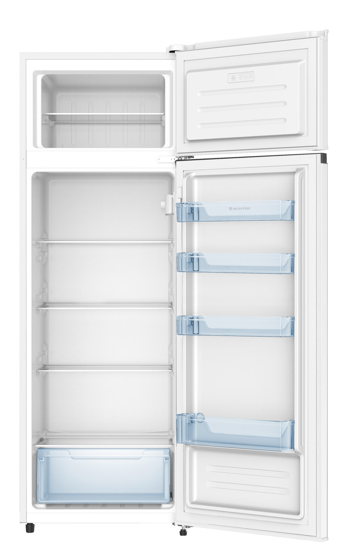 Un refrigerador blanco con puertas abiertas. Interior con estantes, cajones y congelador.