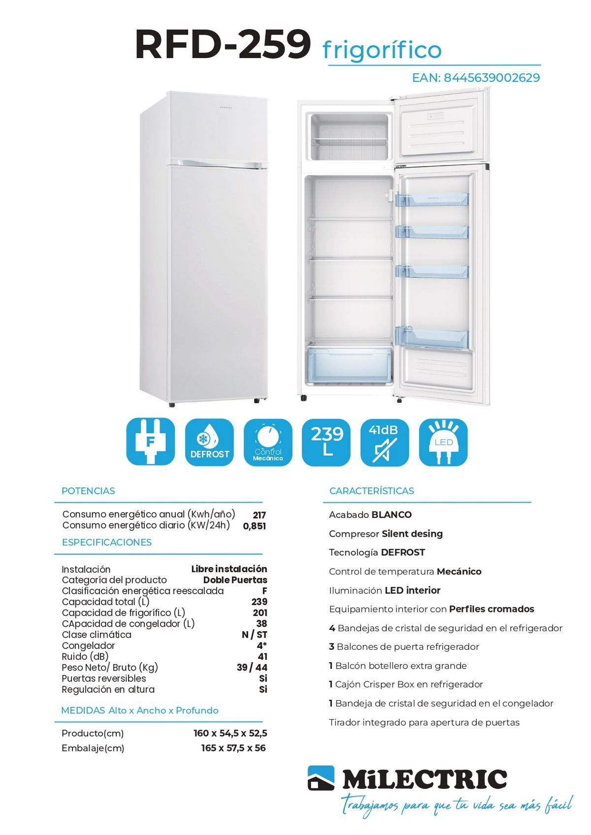 Refrigerador blanco con puertas abiertas que muestran estantes y cajones. Se incluyen texto y especificaciones.