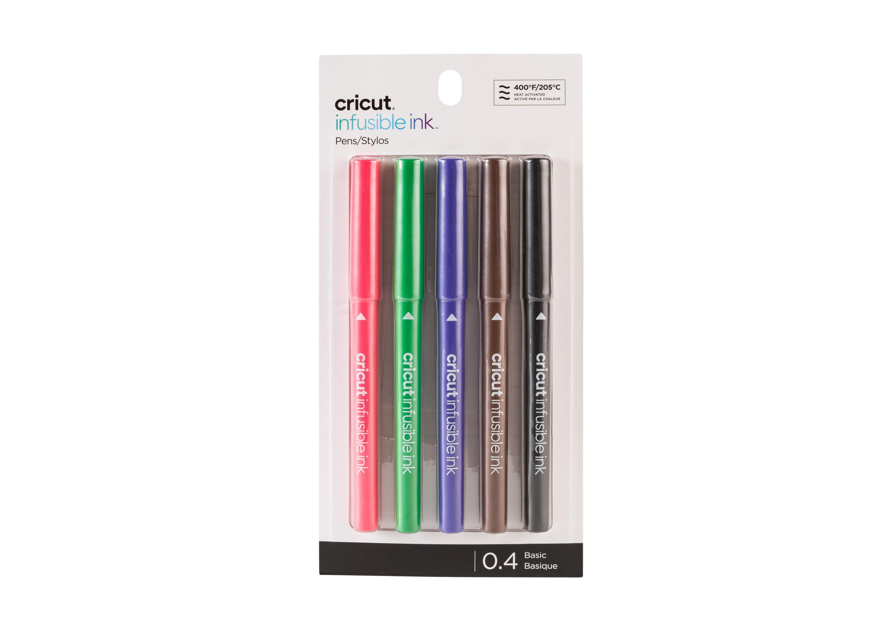 Un paquete de bolígrafos Cricut Infusible Ink con 6 bolígrafos de colores en un paquete de plástico, sobre fondo blanco.