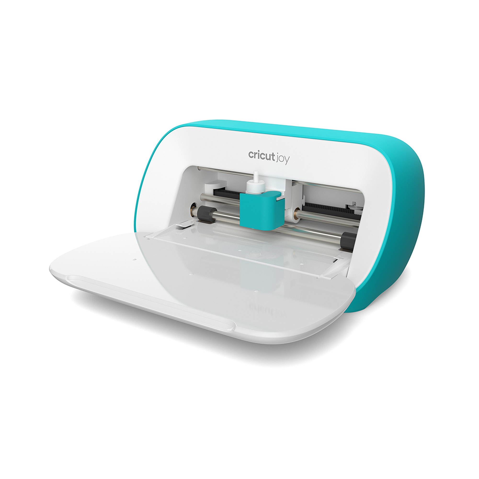 Türkis-weiße Cricut Joy Maschine, offen mit ausgezogenem Fach. Weißer Hintergrund.