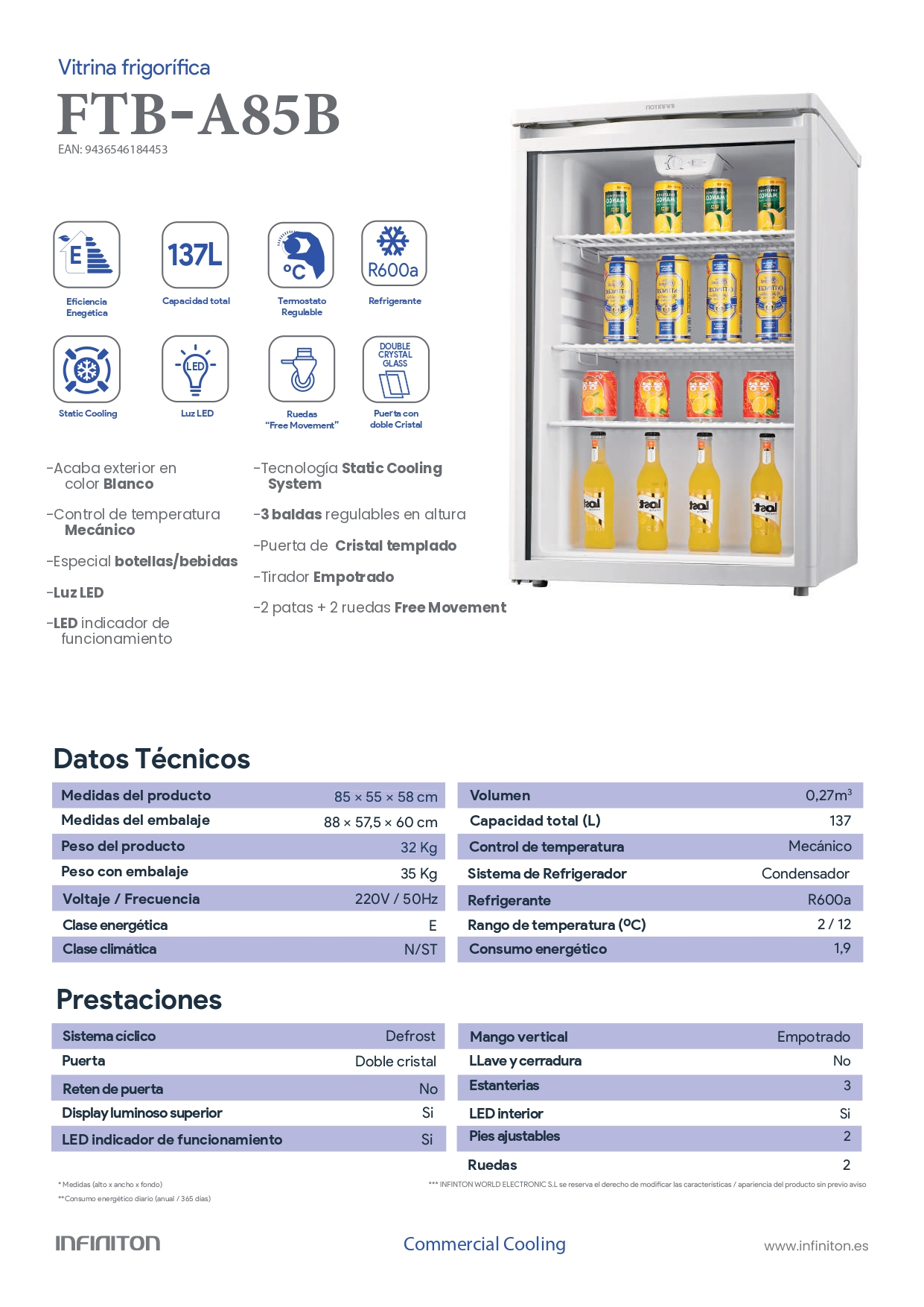 Vitrina frigorífica blanca con puerta de vidrio y bebidas en su interior.