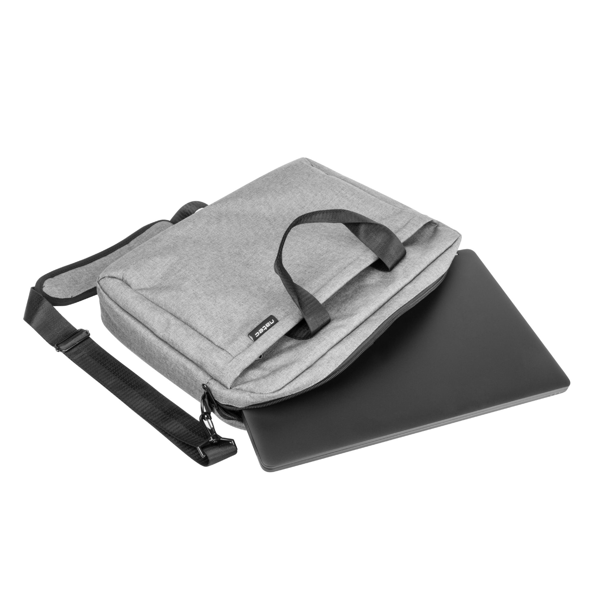 Borsa grigia per laptop con laptop all'interno. Tracolla nera. La parte superiore è aperta.